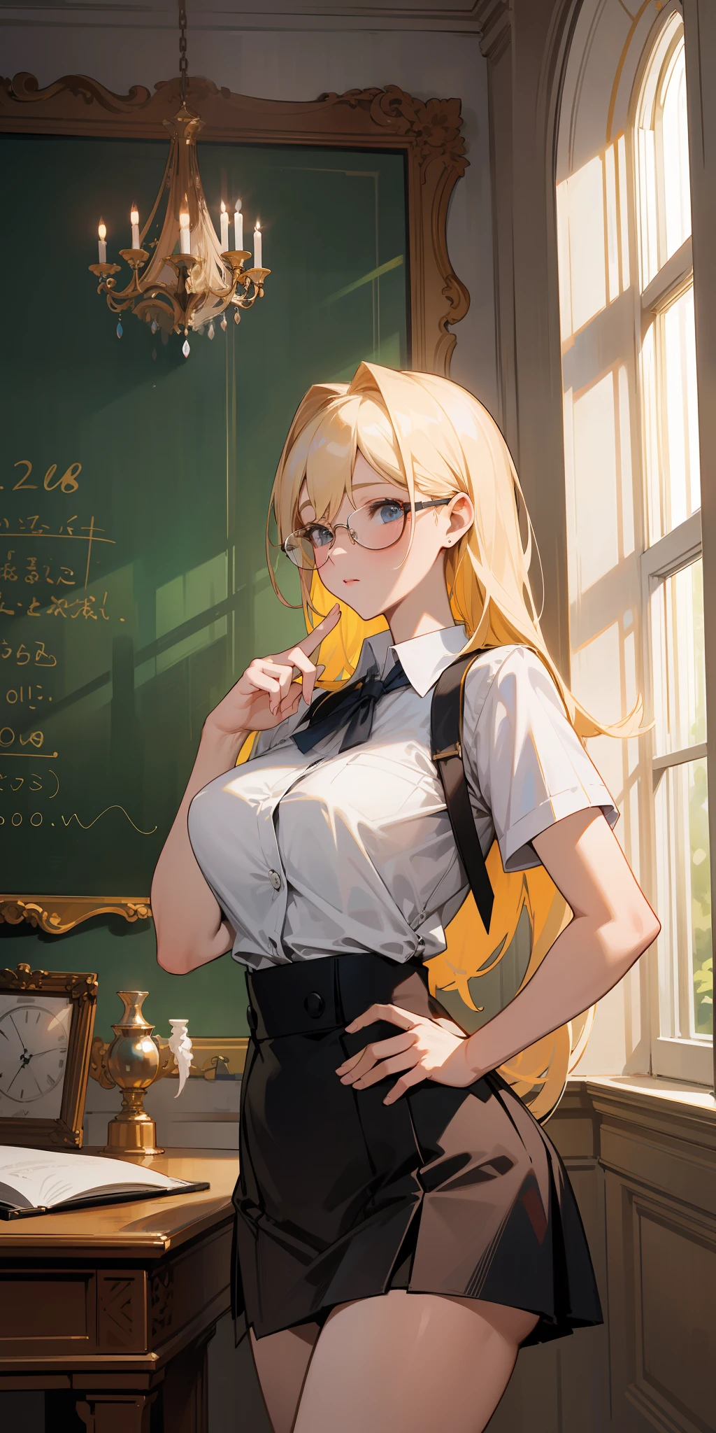 Best quality, masterpiece, ultra fine detailes, intricate, beautiful, sexy, school, teacher, white, blonde, glasses, elegant, mature, tall