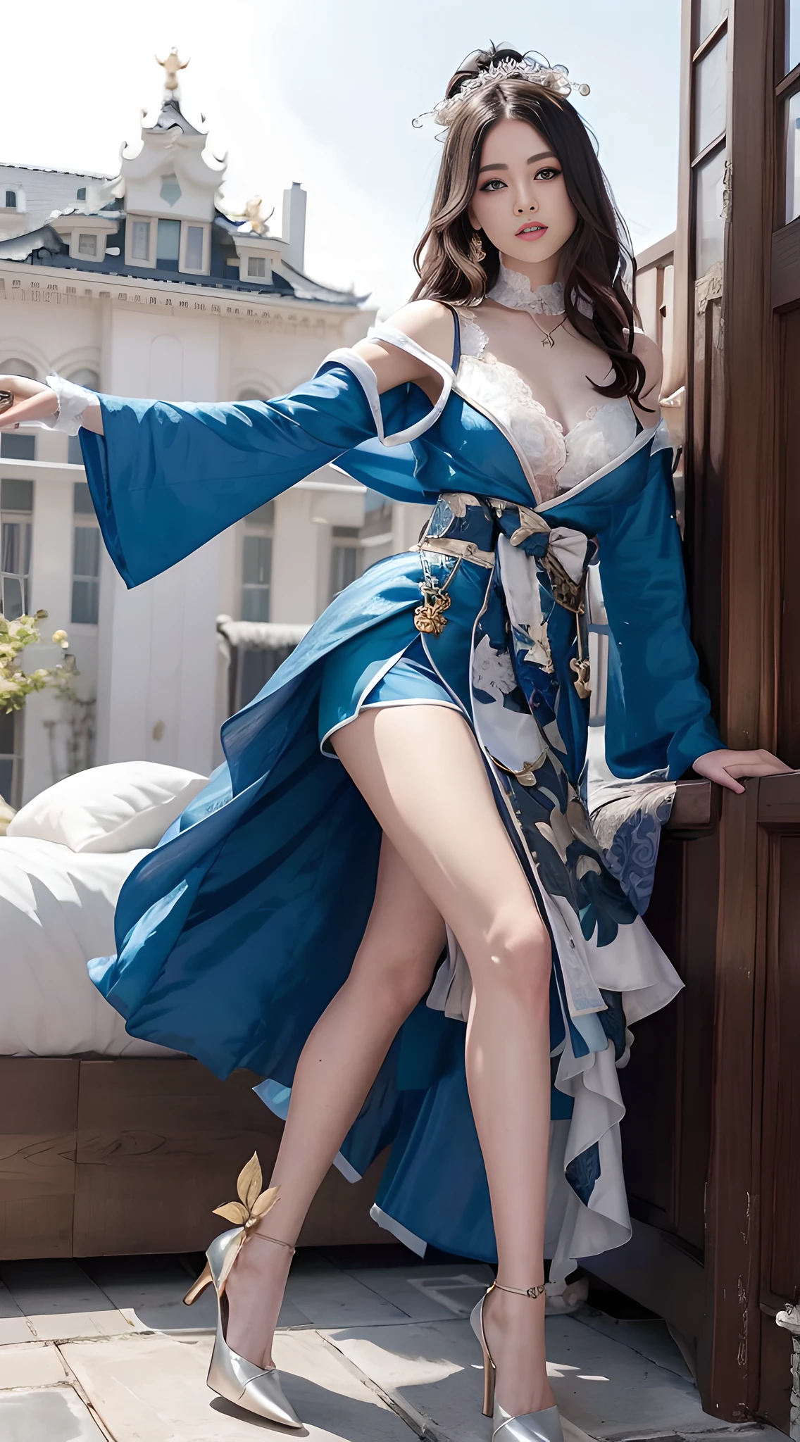 woman in blue dress posing in front of a bed in a bedroom, full body xianxia, cotton cloud mage robes, flowing magical robe, anime girl cosplay, anime cosplay, costume with blue accents, ornate cosplay, cosplay, cosplay photo, keqing from genshin impact, fantasy robe, inspired by Leng Mei, elegant glamourous cosplay
