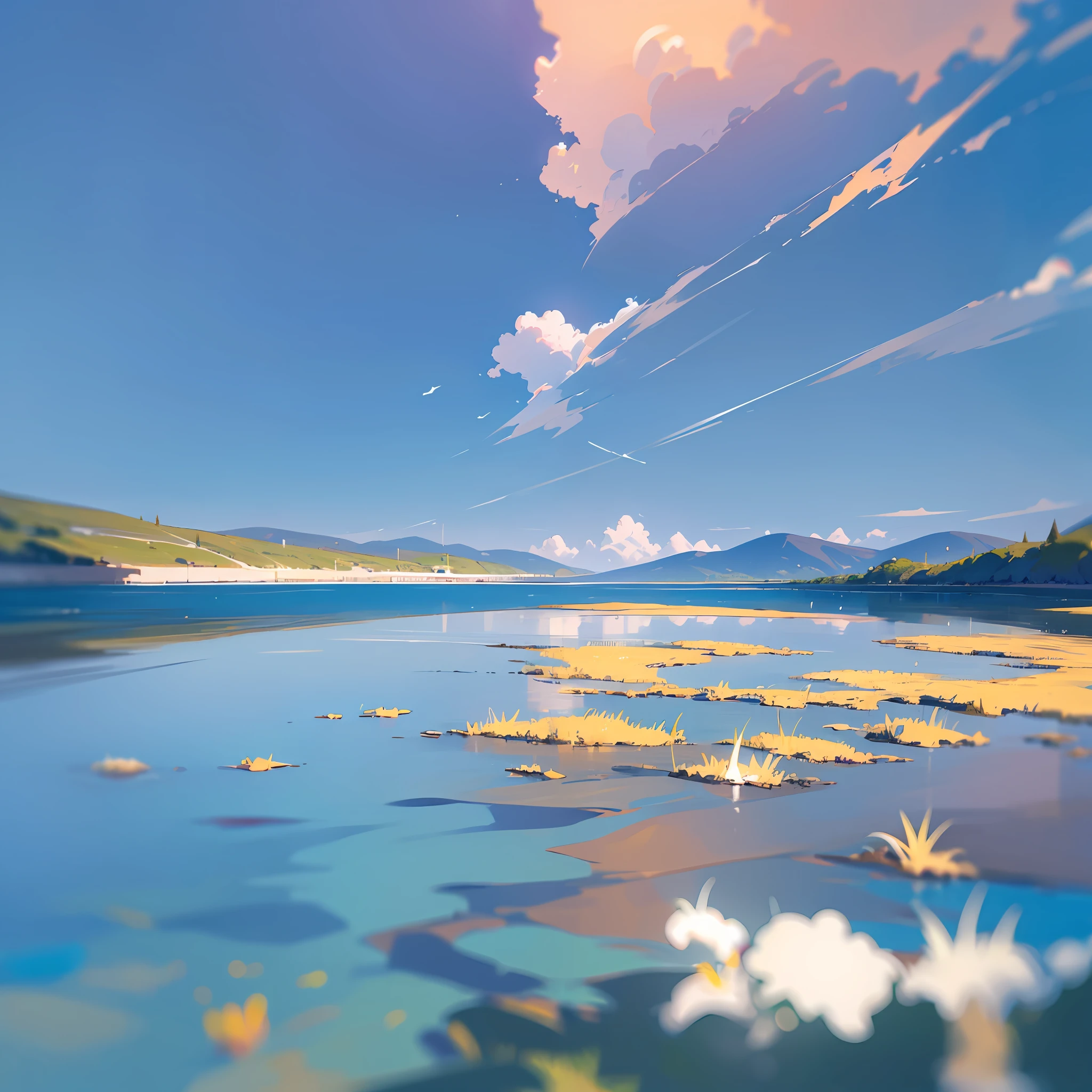 no humans, scenery, vanishing point, from below, masterpiece, best quality, 8k, absurdres, water surface, summer, noon, sunlight, blue sky, perspective, depth of field, highres, finely detail, ultra-detailed, sharp focus --auto --s2