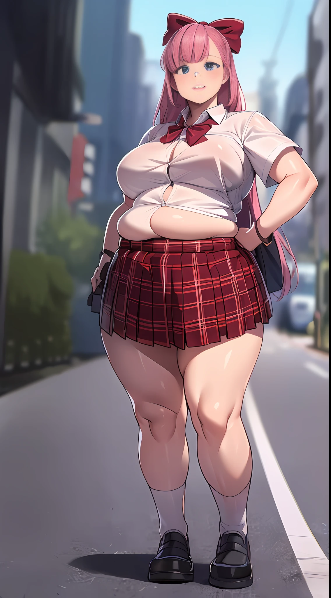 (8k, RAW photo, best quality, mastery:1.3),(realistic,photo-realistic:1.37),(looking viewer:1.331),(pink hair),posing,Tokyo street,cyberpunk city,soft light,1girl,extremely beautiful face,hands down,casual hairstyle,casual expression, Big eyes, lower abdomen, (short sleeves JK_shirt), JK_style, (red JK_skirt), (bow JK_tie), mix4, full body, full body photo, fat, extremely fat, big belly