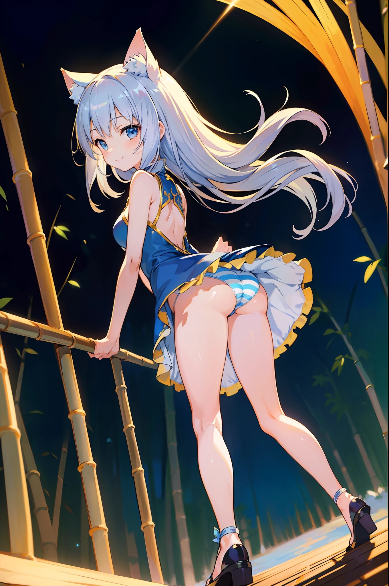 (Masterpiece), (Top Quality Anime Illustration), (Ultra High Definition CG), (Full Hands), One Girl, Solo, Beautiful Girl with Silver Hair, Anime Loli, Cat Ear Loli, Petite, Thigh Emphasis, Light Blue and Gold and Silver Cheongsam, Side Breasts, Side, Striped Panties, Smile, Buttocks, Buttocks Up, Back Cutout, Bamboo Forest