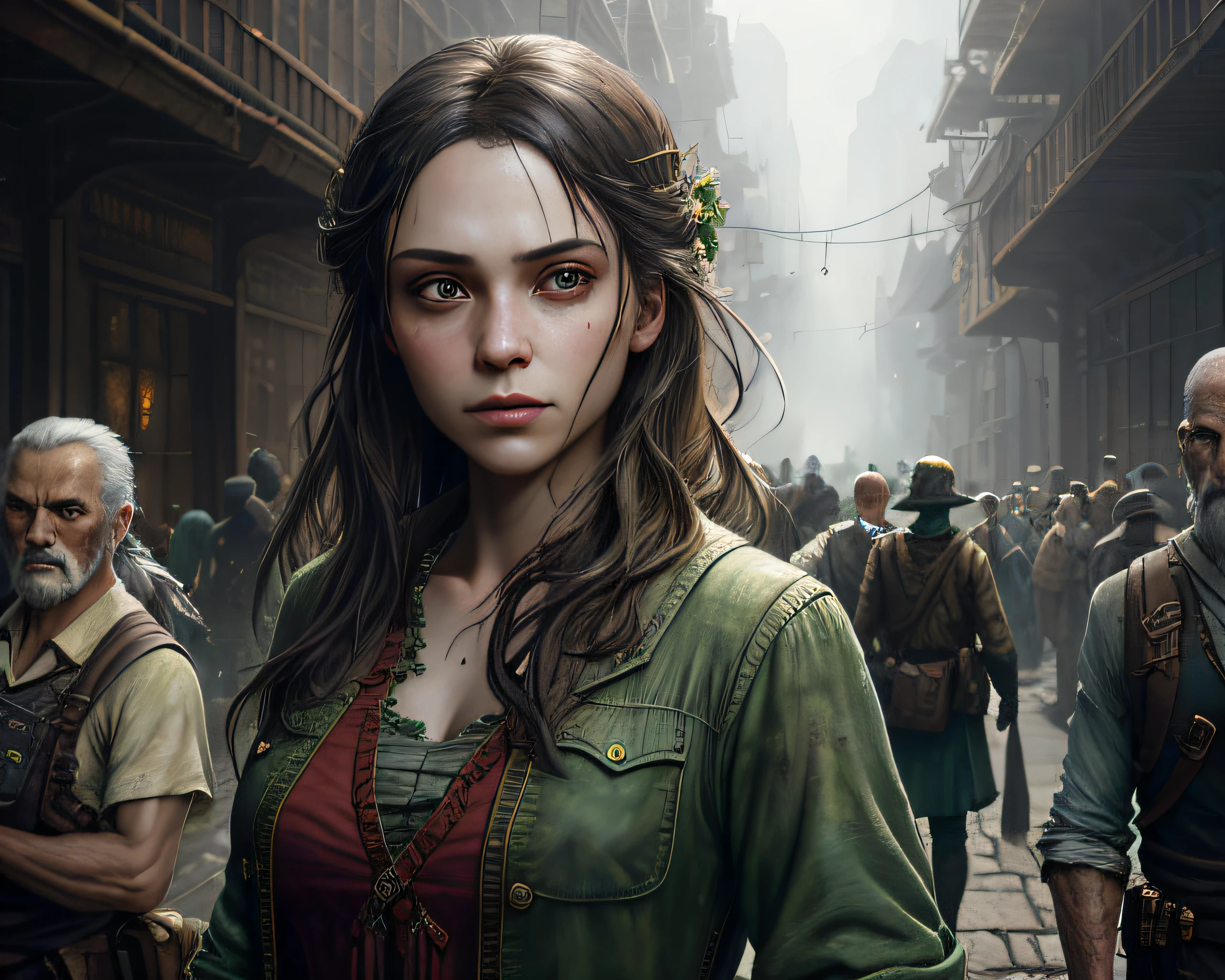 a portrait of a lonely beauty zombie girl alone in a crowd, alabaster skin, grunge outfit, crawed background, doubtful poses, perfect face, hyper detailed, dead inside, green eyes, (extremely detailed cg unity 8k wallpaper), the most beautiful artwork in the world, atey ghailan, in the style of studio ghibli, by jeremy mann, greg manchess, antonio moro, intricate, high detail, photorealistic painting art by midjourney and greg rutkowski, matte, bryan organ, extremely detailed cg unity 8k wallpaper, high detail, photorealistic painting art by midjourney and greg rutkowski, matte, bryan organ, extremely detailed cg unity 8k wallpaper, high detail, photorealistic painting art by midjourney and greg rutkowski, matte, bryan organ, extremely detailed cg unity 8k wallpaper, high detail, photorealistic painting art by midjourney and greg rutkowski, matte, bryan organ