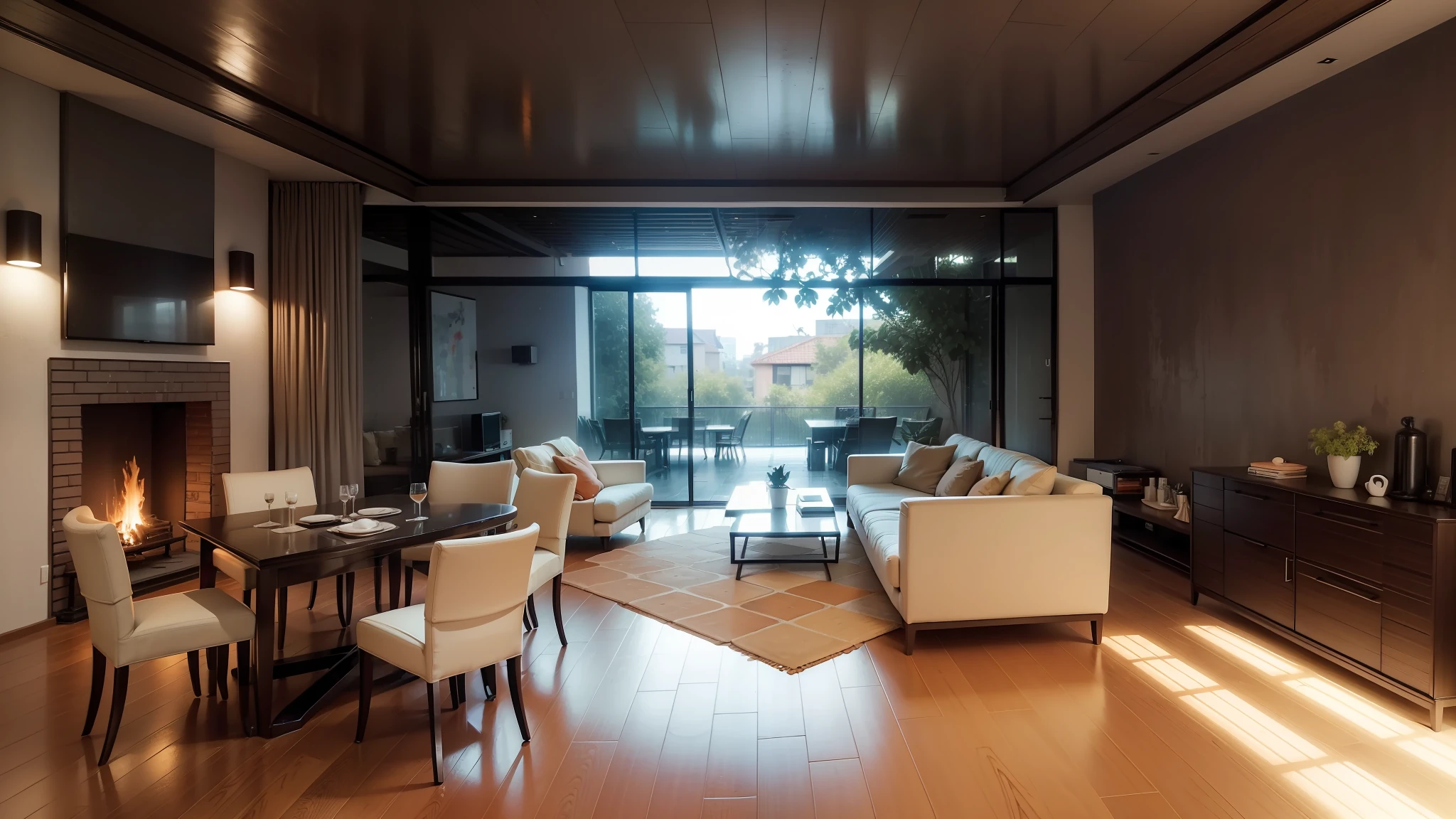 Dining room combined with living room, brutalist style furniture, ceiling brick walls, tile roof, overlooking the large garden, it rains