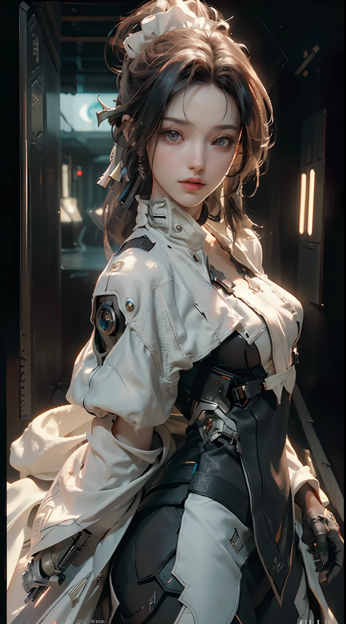 ((Best quality)), ((masterpiece)), (detailed:1.4), 3D, an image of a beautiful cyberpunk female,HDR (High Dynamic Range),Ray Tracing,NVIDIA RTX,Super-Resolution,Unreal 5,Subsurface scattering,PBR Texturing,Post-processing,Anisotropic Filtering,Depth-of-field,Maximum clarity and sharpness,Multi-layered textures,Albedo and Specular maps,Surface shading,Accurate simulation of light-material interaction,Perfect proportions,Octane Render,Two-tone lighting,Wide aperture,Low ISO,White balance,Rule of thirds,8K RAW,