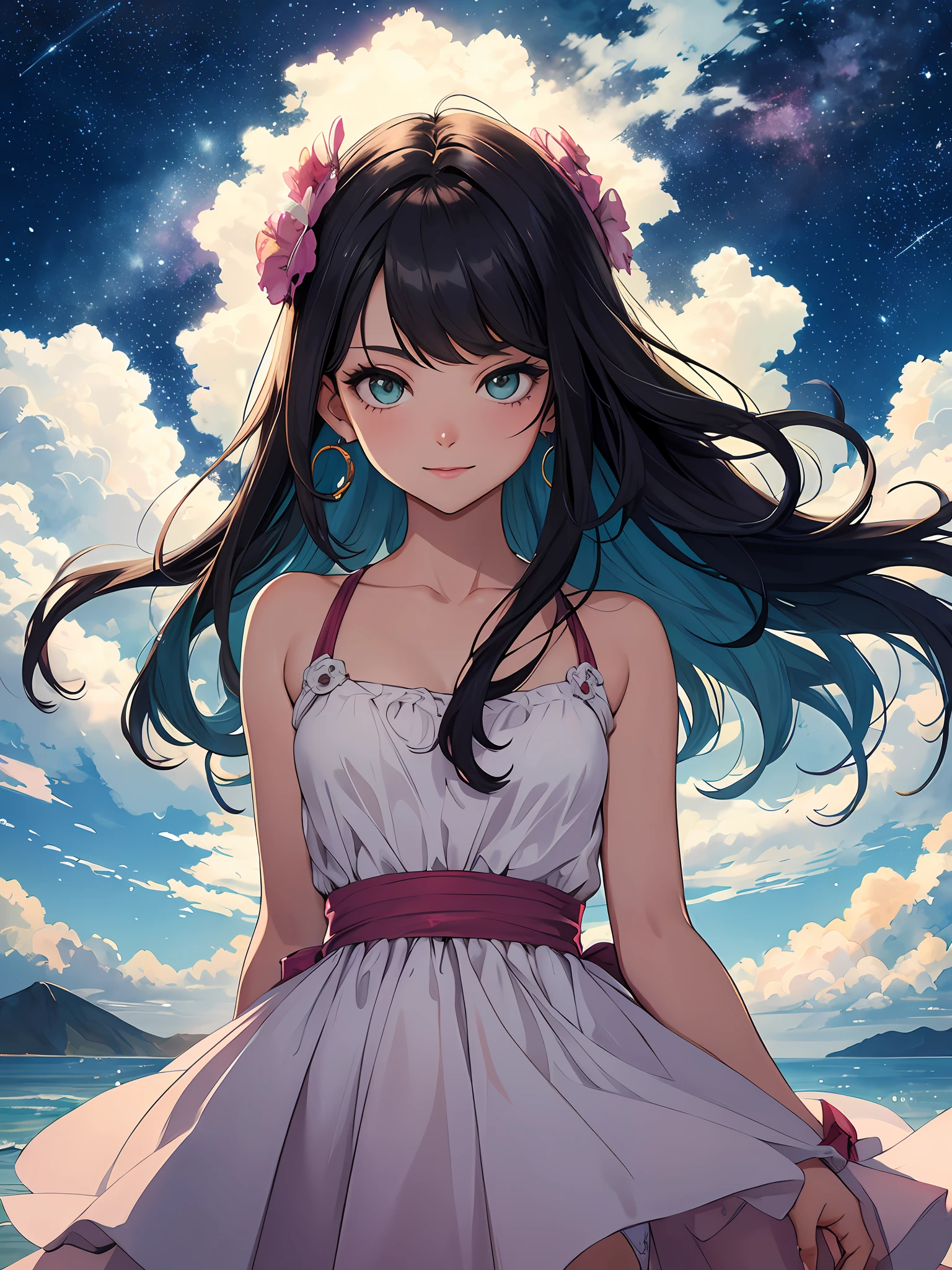 (Masterpiece, Top Quality, Best Quality, Watercolor (Medium), Official Art, Beautiful and Aesthetic: 1.2), (1 Girl: 1.3),Break,Solo Girl,,,Break,Big Eyes,Beautiful Detailed Eyes,Emmenardo Green Eyes, Long Lashes, Black Hair, Earrings, Break, Looking Away, Break, High Saturation, Break, Starry Sky, Colorful, Clouds, Break, Smile, break, model, break,bare shoulders,sundress, simple, break,night,break,)