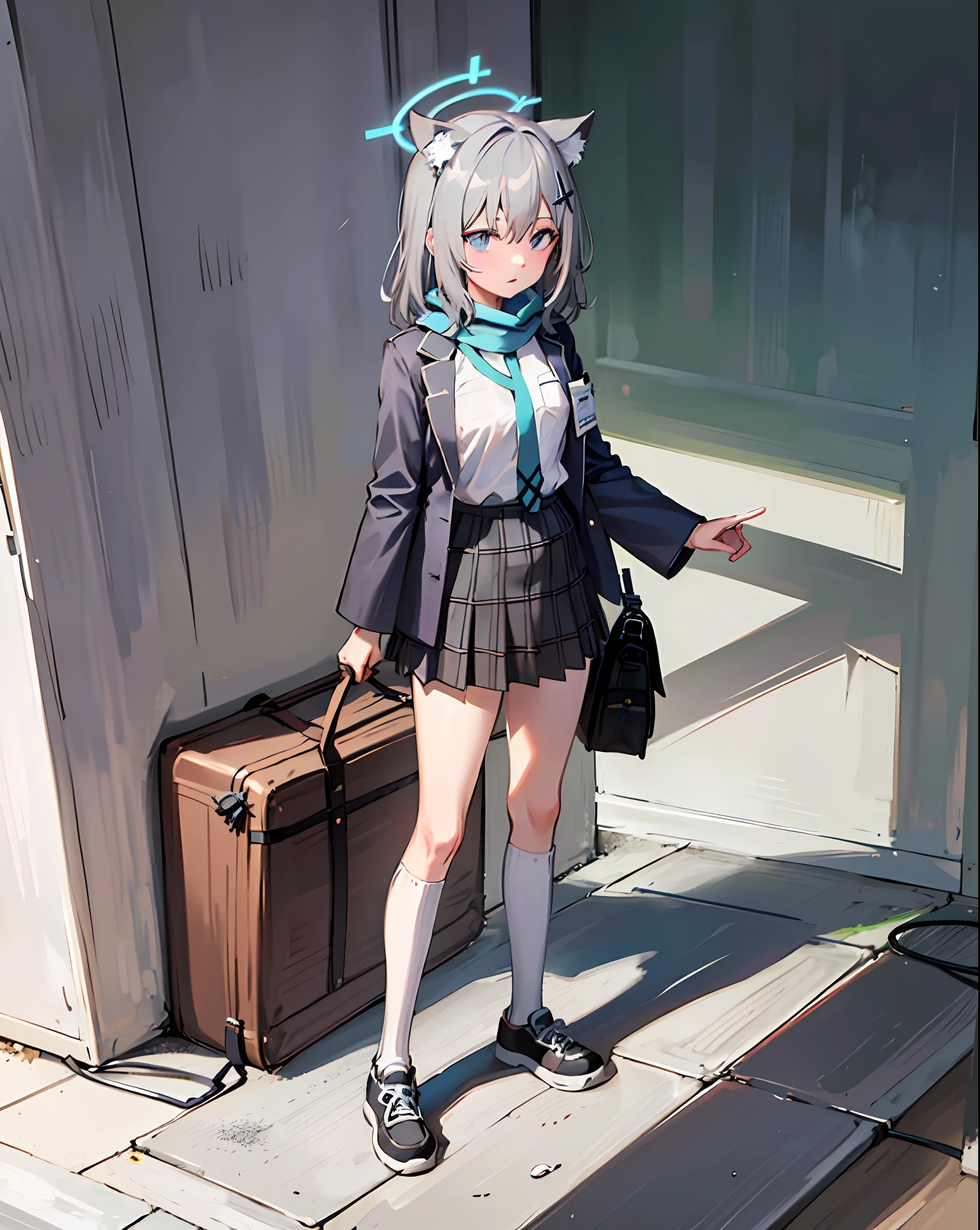 1girl, solo, shiroko (blue archive), animal ears, skirt, scarf, blue eyes, jacket, shirt, white socks, socks, plaid skirt, animal ear fluff, halo, white shirt, looking at viewer, open clothes, bag, hair ornament, shoes, blue scarf, necktie, outdoors, bangs, pleated skirt, open jacket, plaid, grey hair, school uniform, railing, long sleeves, cross hair ornament, shoulder bag, shirt tucked in, blue necktie, kneehighs, black skirt, hair between eyes, extra ears, mismatched pupils, blue jacket, school bag, black bag, blazer, sneakers, striped, closed mouth, pocket, cat ears, striped scarf, fringe trim, medium hair,(((grey hair))),(((blue eyes)))