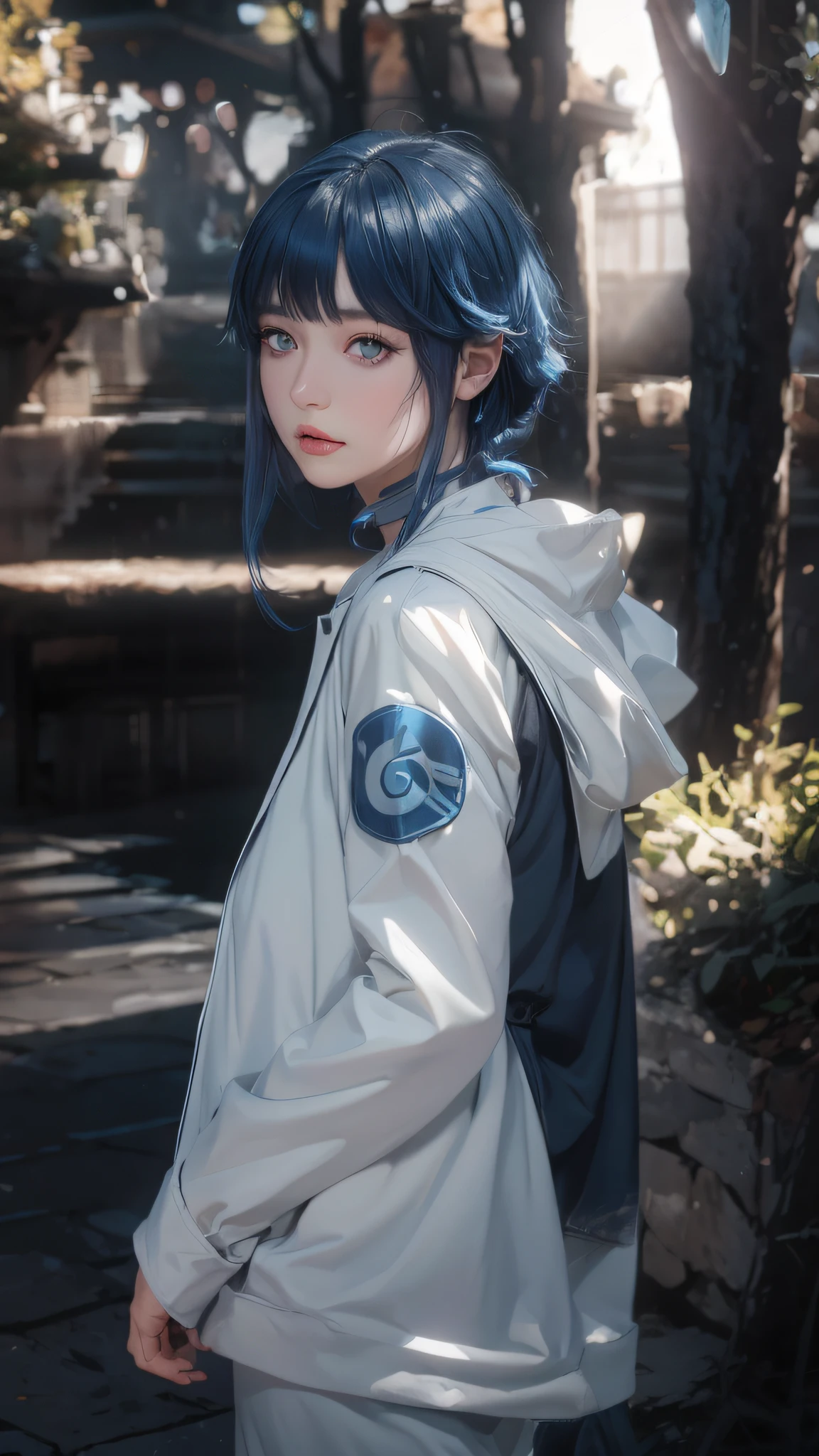 Huge white eyes, bangs, tall and beautiful breasts, shy, dark blue hair, white clothes, depth of field, bright light and shadow, fine hand details, Konoha ninja forehead protection details depicted, simple background