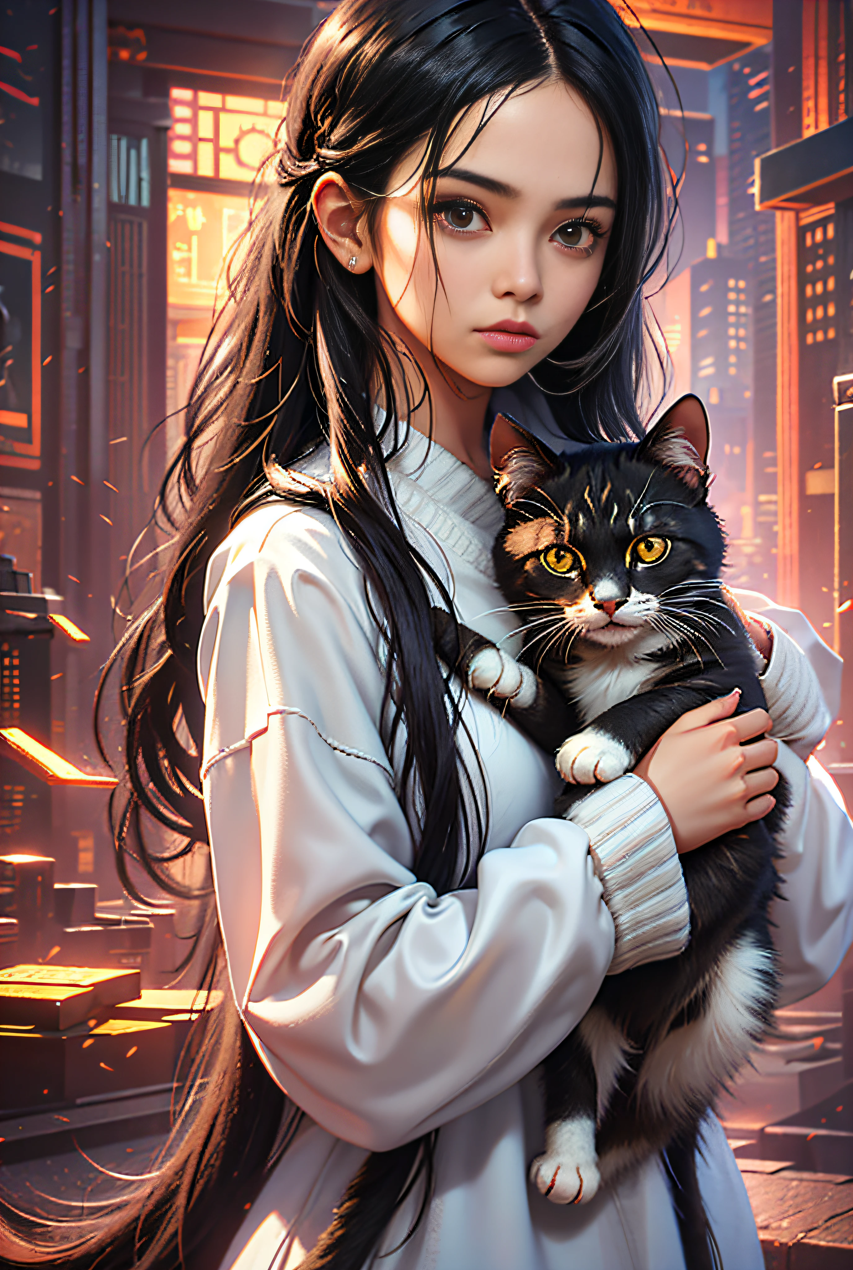 1girl,black hair,solo,holding animal,looking at viewer,black eyes,holding,long hair,holding cat,realistic,simple background,covered mouth,upper body,long sleeves