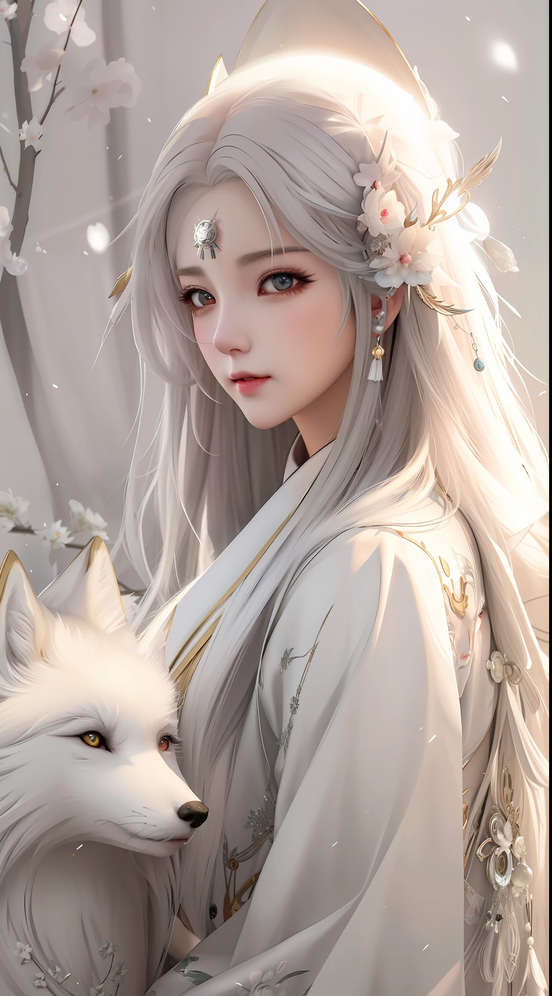 anime girl with white hair and a wolf in her arms, white - haired fox, a beautiful fox lady, artwork in the style of guweiz, by Yang J, beautiful character painting, guweiz, by Fan Qi, beautiful anime portrait, white haired, with long white hair, beautiful anime woman, white haired deity, a beautiful kitsune woman