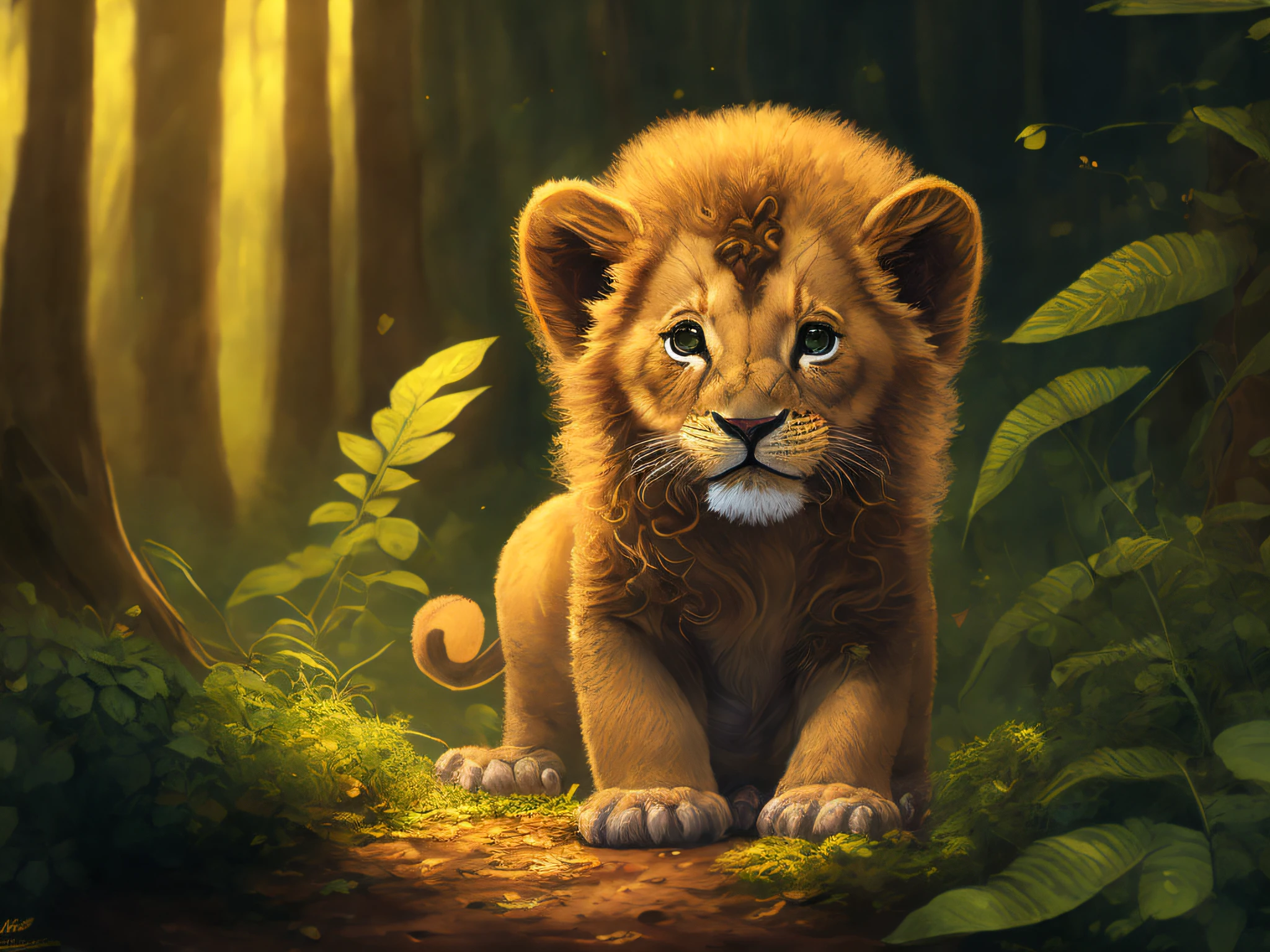 Cute lion cub in the forest, by Tim Okamura, Victor Nizovtsev, Greg Rutkowski, Noah Bradley, trending on Artstation, 8k, masterpiece, graffiti paint, fine detail, full of color, intricate detail, golden ratio illustration