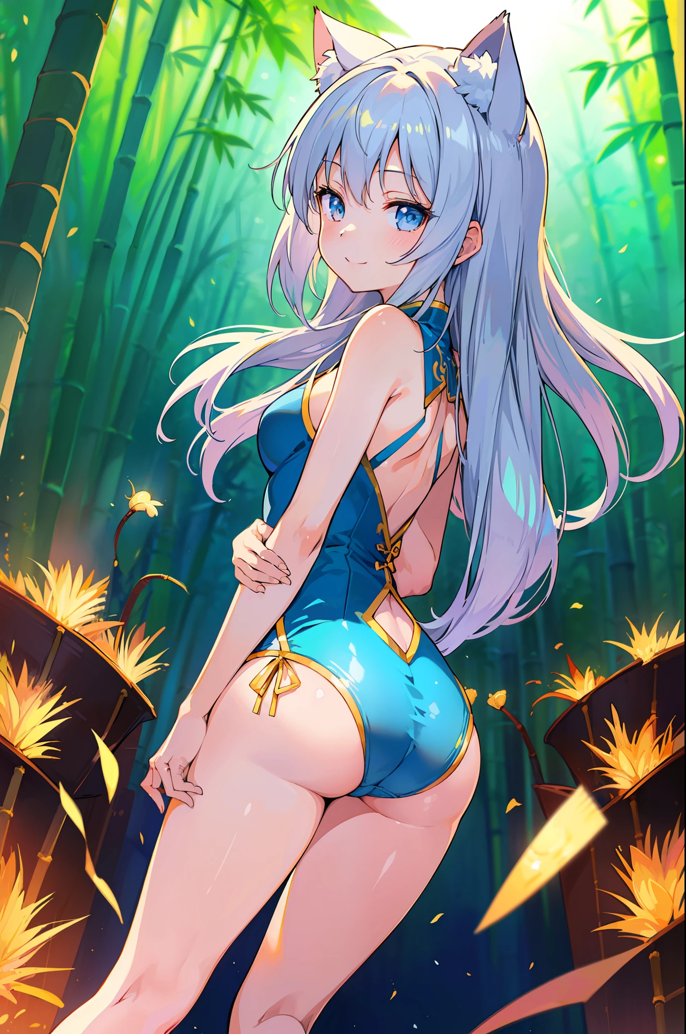 (Masterpiece), (Top Quality Anime Illustration), (Ultra High Definition CG), (Full Hands), One Girl, Solo, Beautiful Girl with Silver Hair, Anime , Cat Ear Lolitite, Thigh Emphasis, Light Blue and Gold and Silver Cheongsam, Side Breasts, Side, Striped Panties, Smile, Buttocks, Buttocks Up, Back Cutout, Bamboo Forest