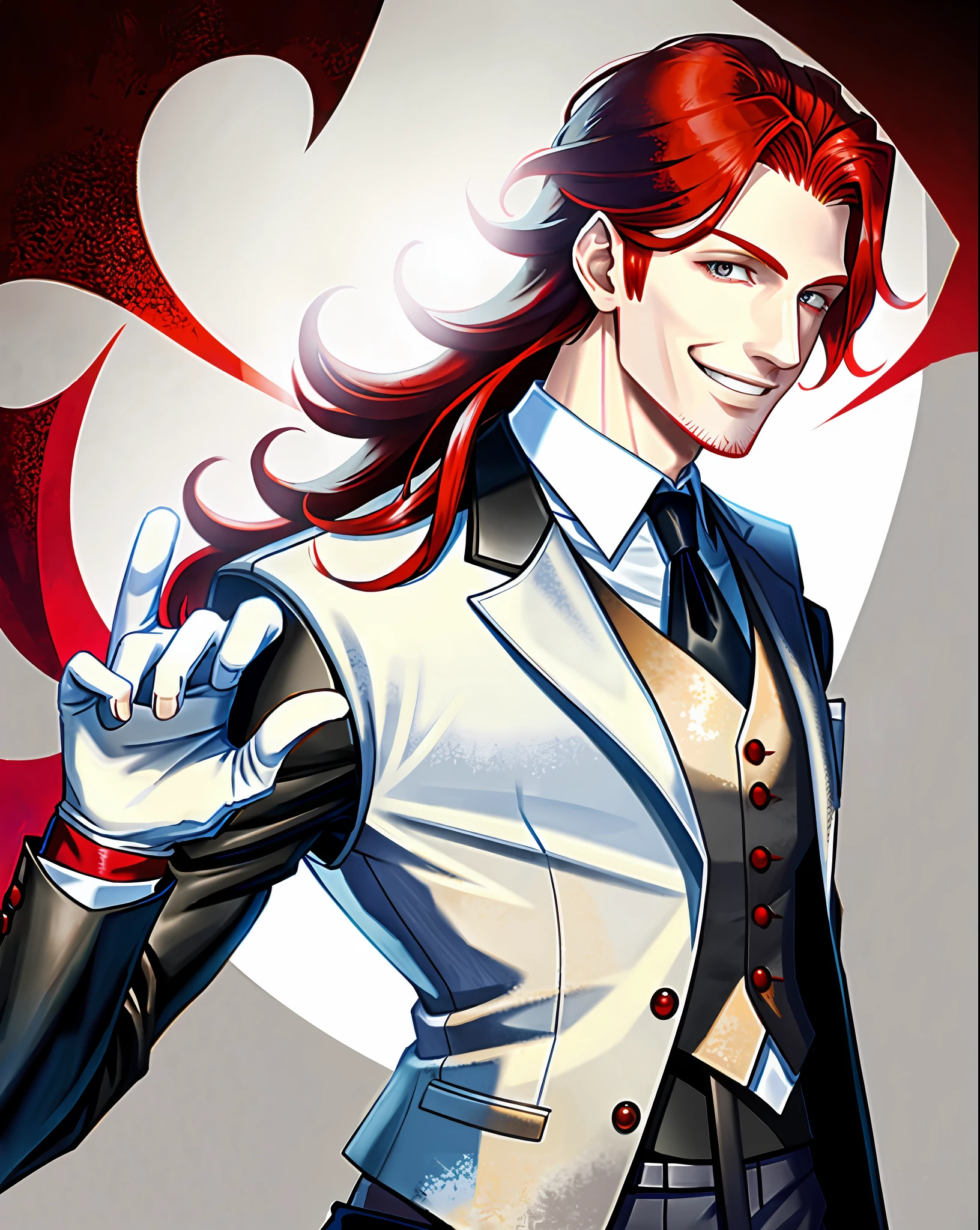 White man, red hair, gray eyes, vest suit, black glove, smiling