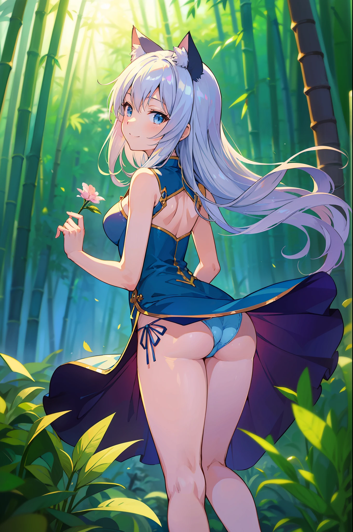 (Masterpiece), (Top Quality Anime Illustrations), (Ultra High Definition CG), (Full Hands), One Girl, Solo, Silver-haired Beautiful Girl, Anime , Cat Ear Lolitite, Thigh Emphasis, Light Blue and Gold and Silver Cheongsam, Side Breasts, Side, Panties, Smile, Buttocks, Buttocks Up, Back Cutout, Bamboo Forest
