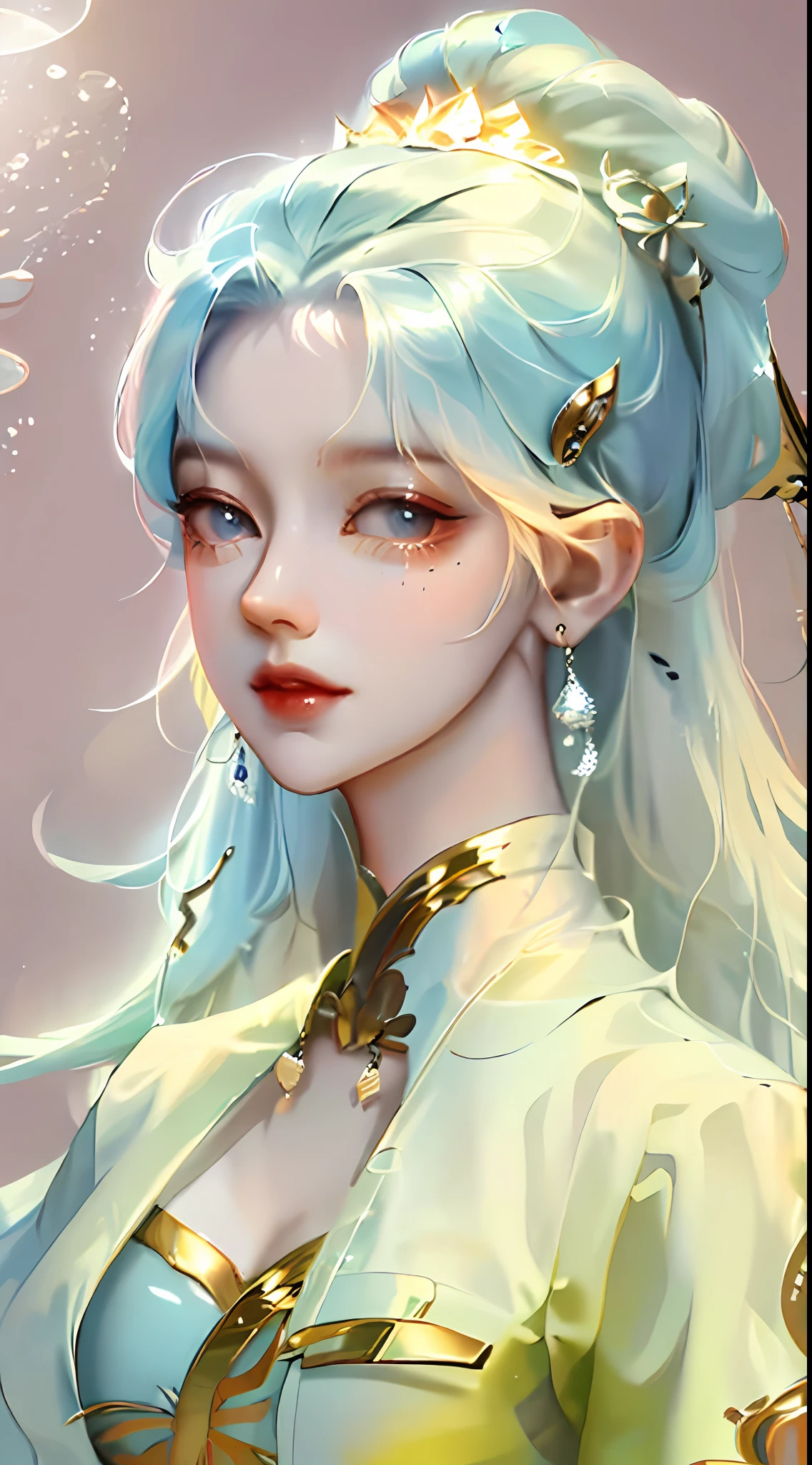 (masterpiece), (best quality), (ultra detailed),(disheed hair),(illustration), (1girl), (Fashionable clothing), standing, Fashion model, looking at viewer, (interview), (simple background), beautiful and delicate eyes, delicate beauty, floating, (high saturation), (colorful splash), colorful bubbles, (shine), focus on face, ponytail, Ayaka Kamisato, light blue hair, bangs, hair circle, floating flowers, flowing hair, (shiny), best lighting, best shadow, full body, vista