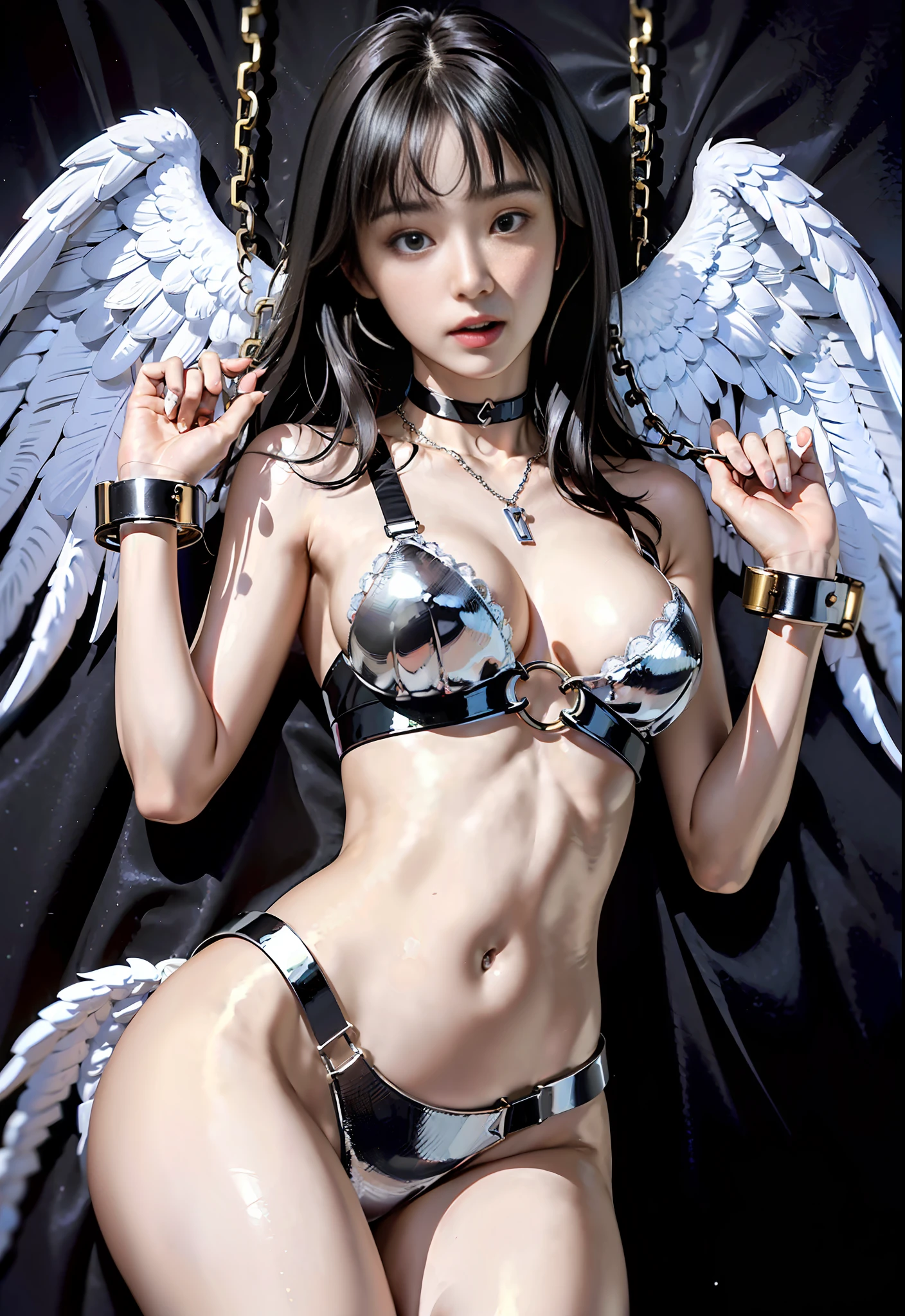 (((Fallen Angel))), (((Top Quality, 8k, Masterpiece: 1.3)), 1 girl, Beauty with slender abs: 1.3, (Big: 1.2), (White underwear: 1.1), (Black lace), Ultra detailed face, Detailed eyes, Double eyelids, (Black hair), (((Fallen Angel)), Sexy body line, Luxurious necklace, ((Japan (18 years old)), (Captive Angel), (Captive Woman), ( Chain necklace), ((choker)), ((collar)), ((handcuffs)), (hands tied), (chained), (chained: 1.2), ((handcuffs)), (hands tied), (bracelets), (chain accessories), (chained), lustrous hair, (white underwear)), ((white wings: 2)), dark room, straight hair, (((black sheets)), luxurious ornaments, black wings, black background, key, (chained), handcuffs, metal chain, (beautiful bangs),