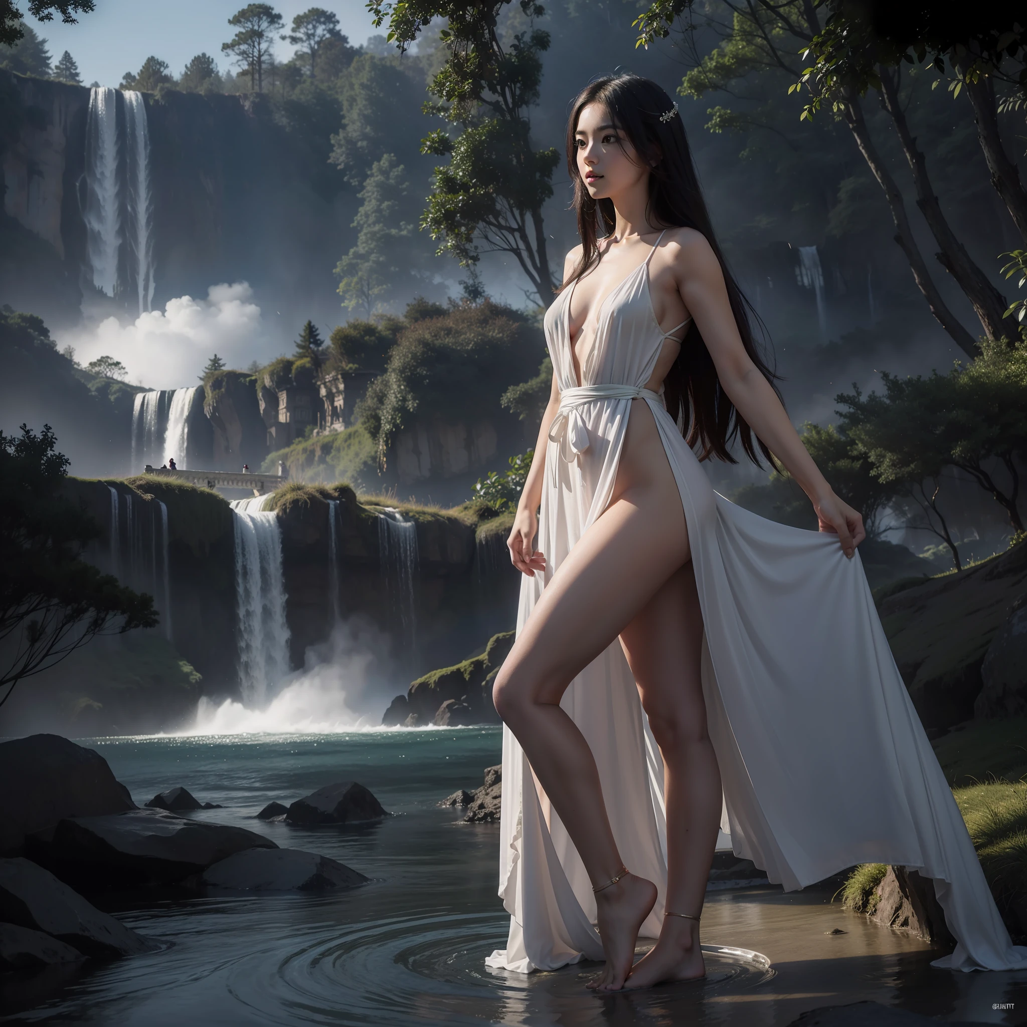 "(Beautiful woman and shooter) in dynamic pose, with long waterfall-like hair, camera focus adjusted, palace in the background, obvious contrast between light and dark, multiple light sources intertwined, prominent halos, lit many lights, creating a mysterious atmosphere, thick fog in the distance, with exoticism and transparency, picture quality (masterpiece), resolution of 8K, showing the best picture quality."