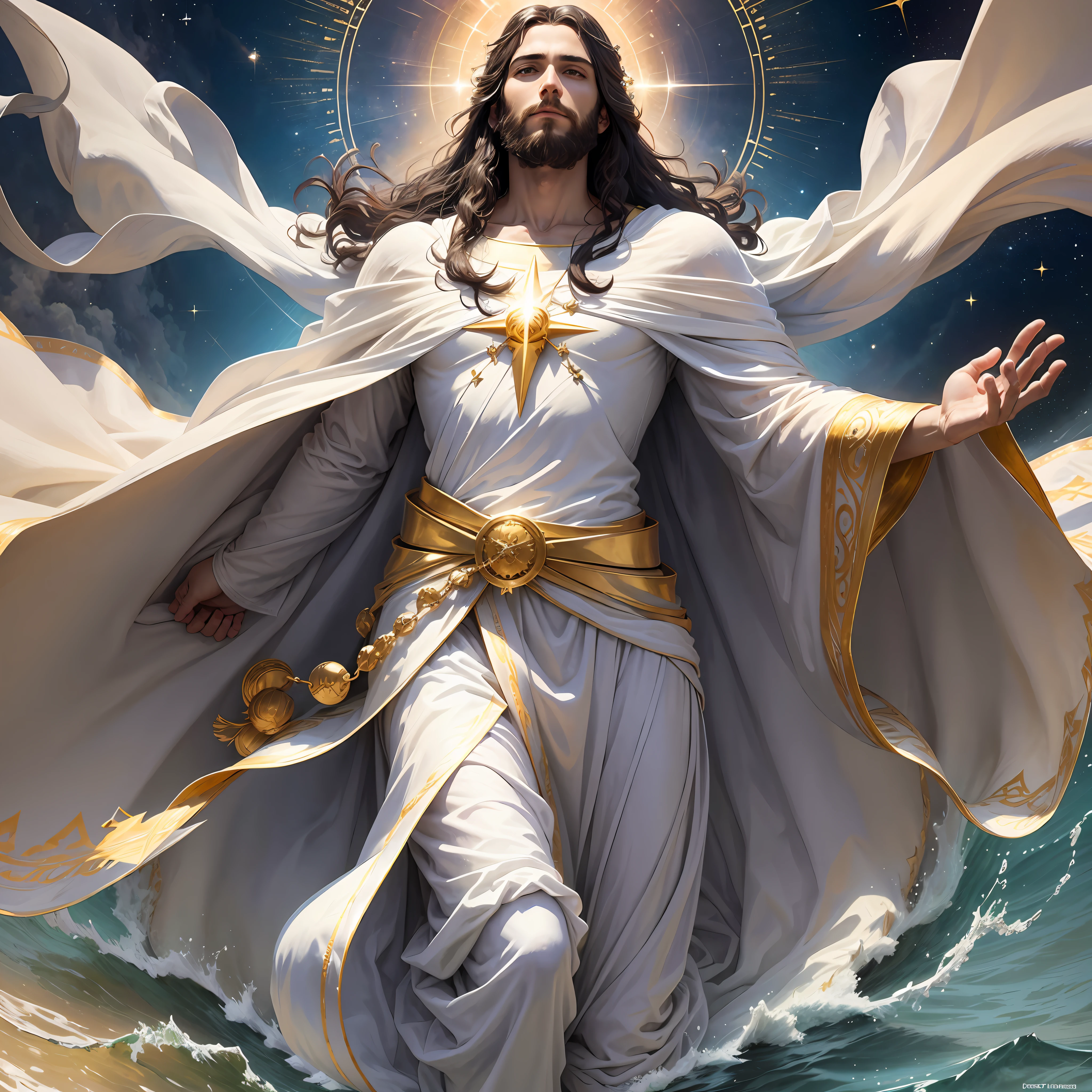 Jesus Christ in an iconic scene, walking gently on the waters of the Sea of Galilee. His gaze conveys serenity and divine power as He moves forward with steady, confident steps. The water around your feet seems to vibrate with a celestial energy. The sky above is painted in soft shades of blue and gold, radiating a celestial light that illuminates the entire environment.
On the head of Jesus rests a majestic crown, symbolizing His reign as King of Kings. The crown is adorned with shiny jewels and pearls, highlighting the royalty and glory attributed to Him. His garment is depicted with a white robe, flowing gently in the wind, reflecting purity and divinity. remove Jesus Christ from this image --auto --s2