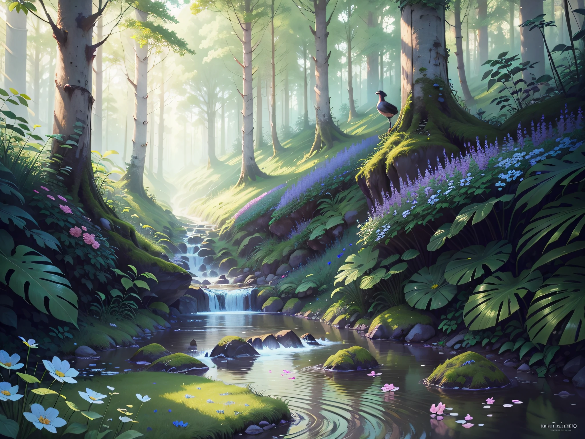 8k illustration, deep in the forest, silent forest, middle, quiet stream, lush greenery, nostalgic atmosphere, waterfowl, petals, colorful flowers, lawn, blue sky, soft clouds, pleasant breeze, birdsong, voice of nature, calm landscape --auto --s2