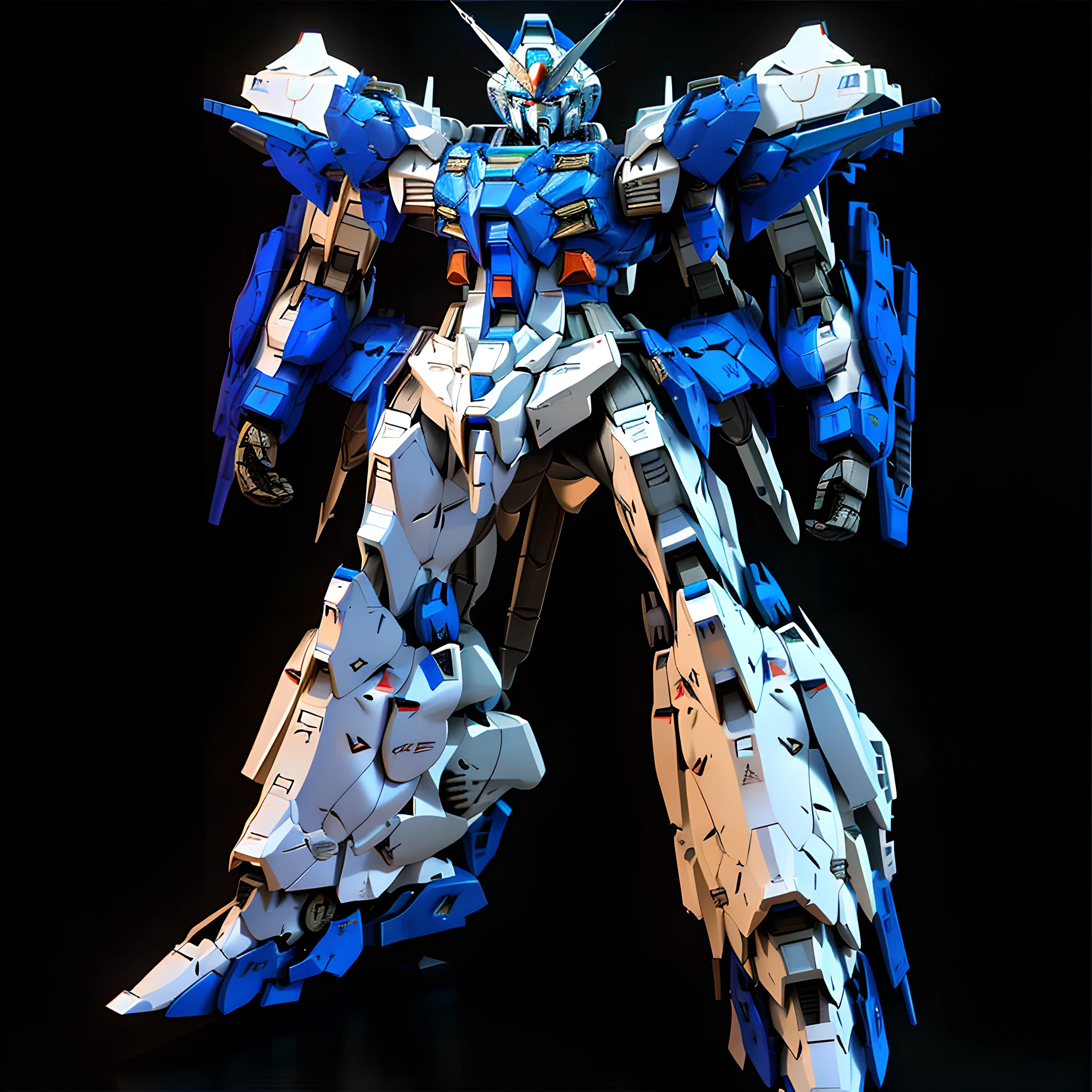 a close up of a blue and white robot with a black background, gundam robot, extreme gundam, gundam wing style armor, 3 d render n - 9, gundam armor, gunpla, cool mecha style, armored core style mecha, gundam, gundam is windmill shaped, tremendous mecha robot, modern mecha anime, gundam style, rendered in 3 dsmax
