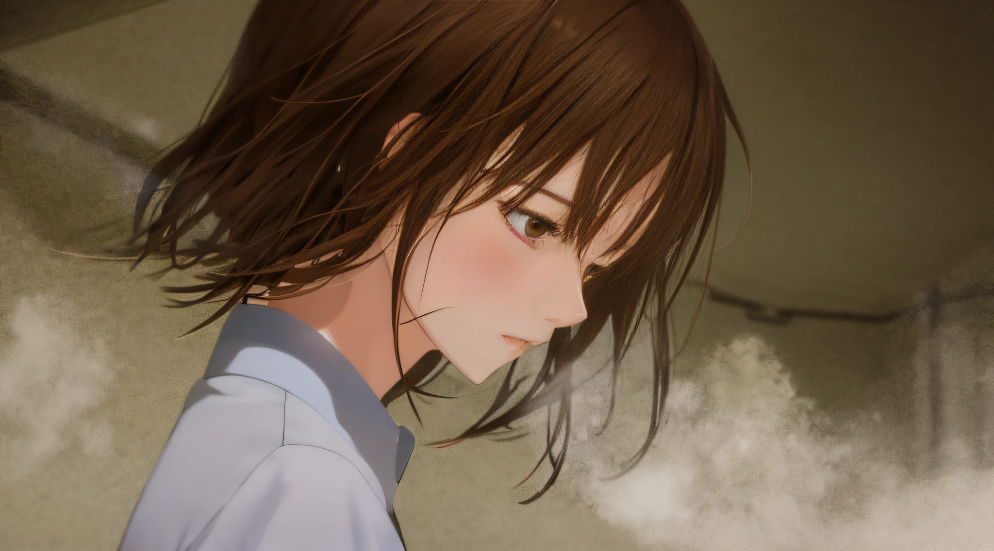 Detailed and perfect anime style illustration, brown short hair, very cute young Japan woman, perfect round eyes, female focus, solo, wearing gray shirt, wearing gray long skirt. Stunned, very sad expression, wearing brown pumps, daydreaming, mysterious background wrapped in dramatic and fantastic mist, brown cracked wall in the immediate vicinity, large rubble scattered around, dramatic lighting Makoto Shinkai