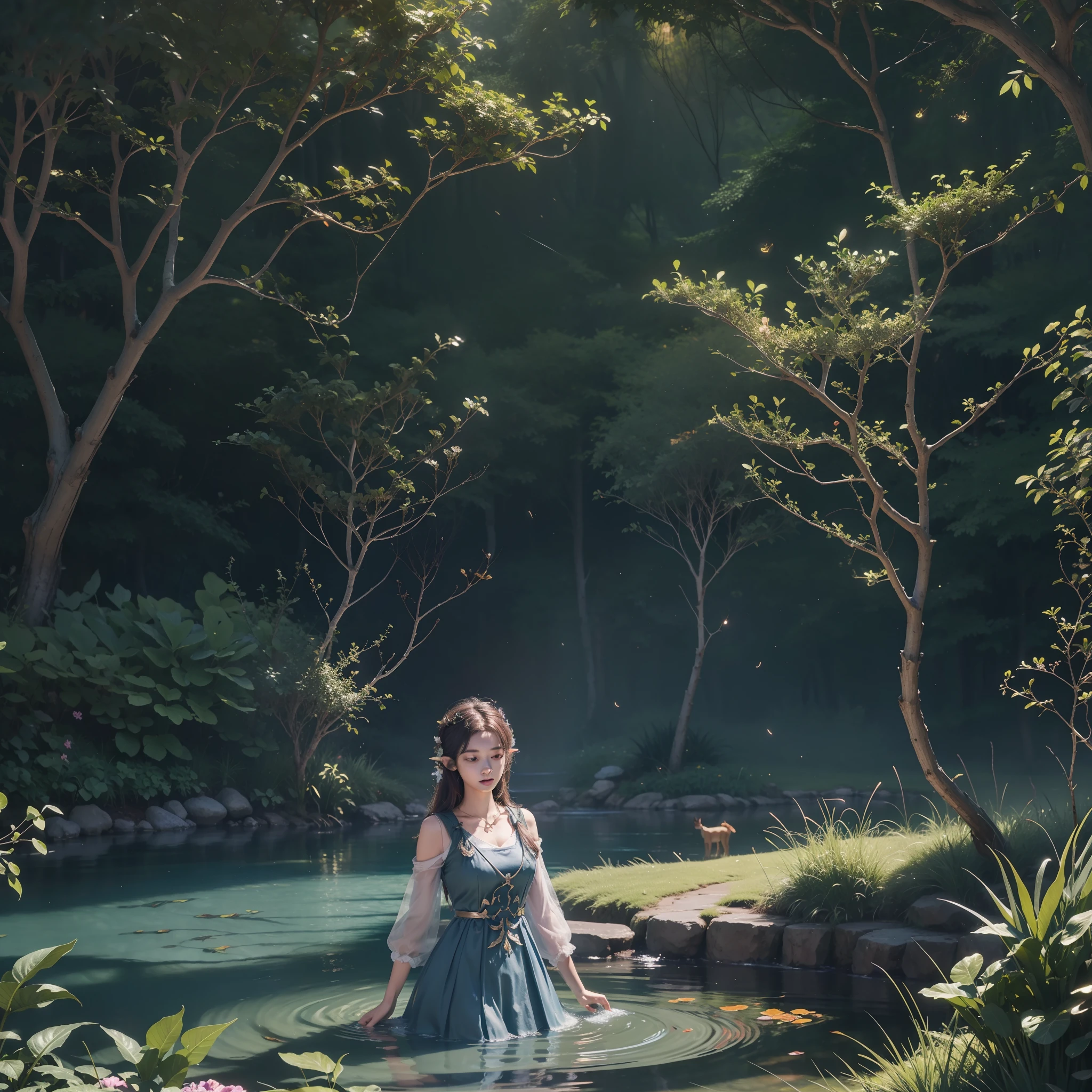 Masterpiece, best quality, (very detailed CG unified 8k wallpaper), (best quality), (best illustration), (best shadow), glowing elf with glowing deer, drinking water in swimming pool, natural elements of forest theme. Mysterious forest, beautiful forest, a girl standing in the middle of nature, surrounded by flowers, delicate leaves and branches surrounded by fireflies (natural elements), (jungle theme), (leaves), (branches), (fireflies), (particle effects) and other 3D, octane rendering, ray tracing, super detailed, deer --v6