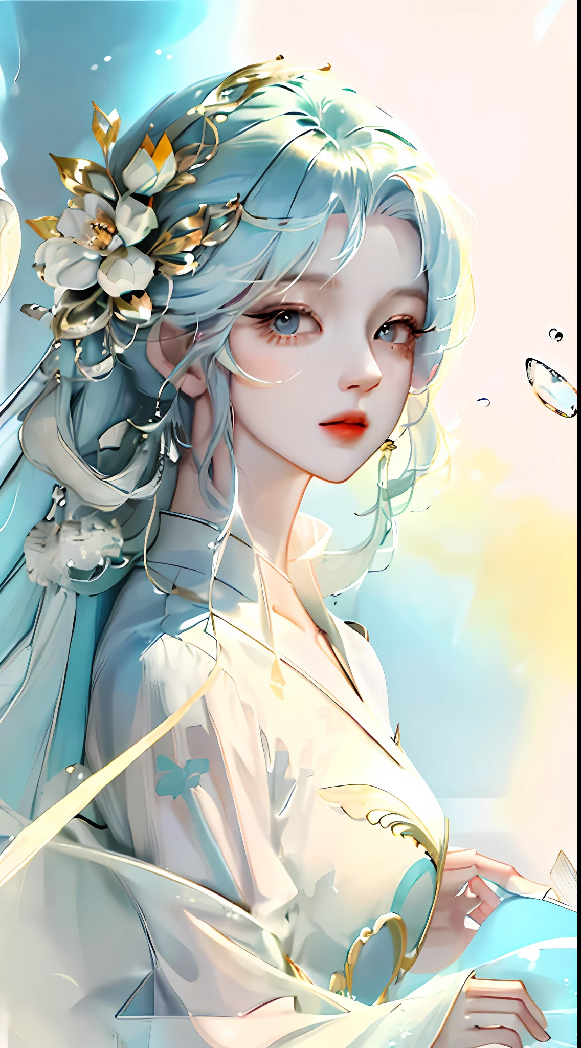 (masterpiece), (best quality), (ultra detailed),(disheed hair),(illustration), (1girl), (Fashionable clothing), standing, Fashion model, looking at viewer, (interview), (simple background), beautiful and delicate eyes, delicate beauty, floating, (high saturation), (colorful splash), colorful bubbles, (shine), focus on face, ponytail, Ayaka Kamisato, light blue hair, bangs, hair circle, floating flowers, flowing hair, (shiny), best lighting, best shadow, full body, vista