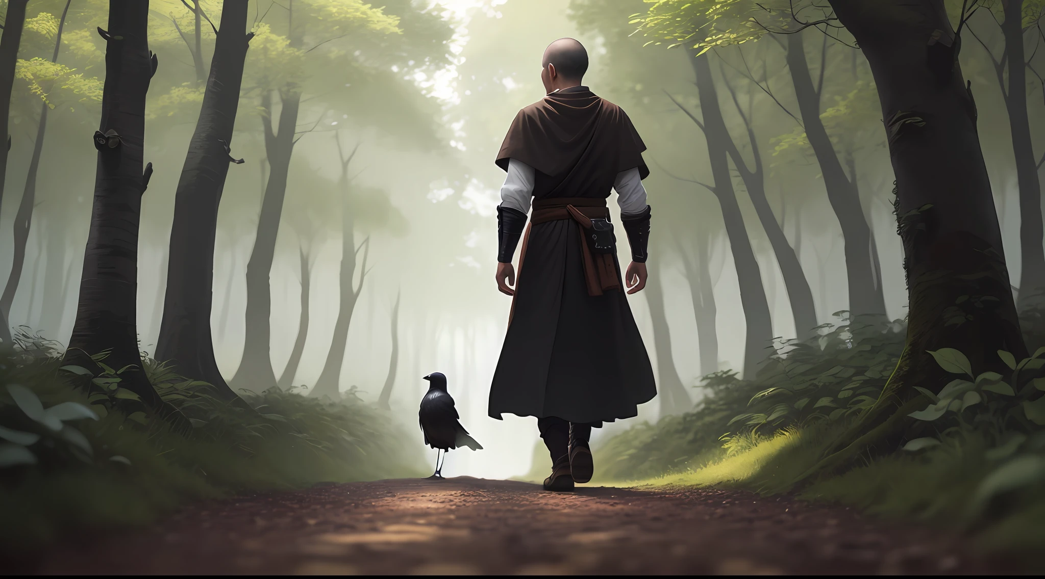8K, best quality, masterpiece), super details, monk in the forest walking and the crow flying