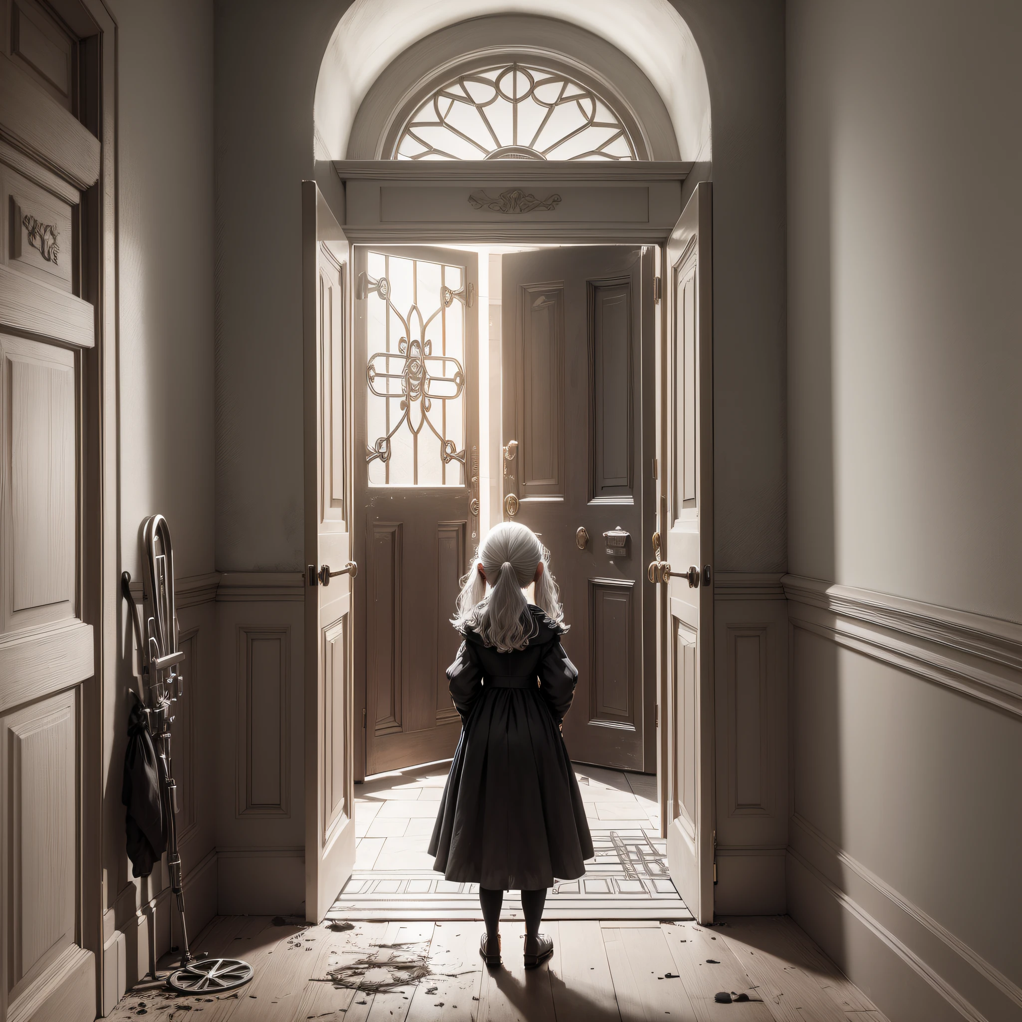Orphanage, iron gate, camera high and low, narrow shooting, black space background, in front of the door stands a devout supplicant, under the light of light and shadow, there are strange symbols on the door, a little girl standing alone outside the door on crutches, wearing a shabby white dress, her hair is fluffy and scattered, making people sympathetic. --auto --s2