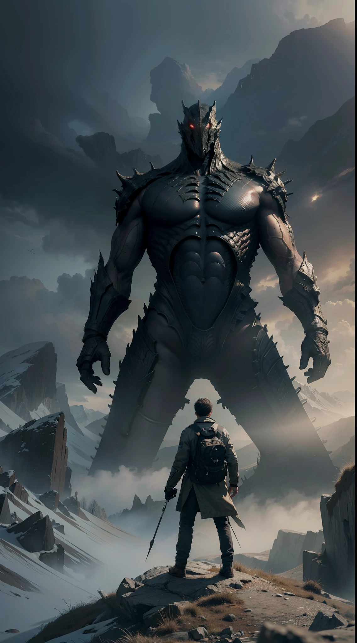 A 4K resolution, highly detailed, matte masterpiece depicting a man standing on a mountain witnessing a giant alien monster. Volumetric lighting and advanced rendering techniques are added to the picture.