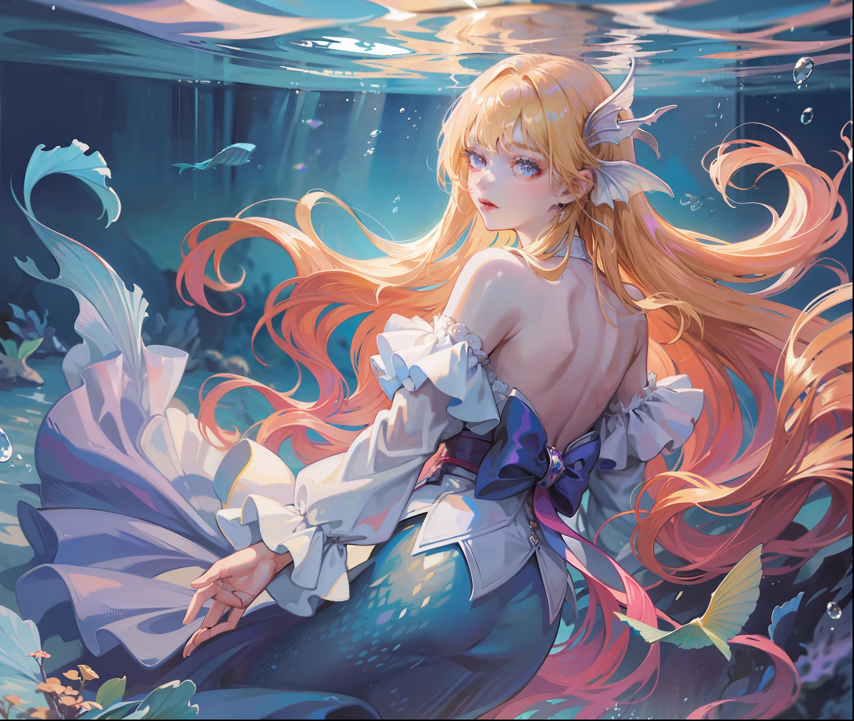 Ridiculous, high resolution, super detailed), 1 girl, solo, mature, (long blonde), fanatical, long sleeves, elegant, holy, colorful, highest detail, underwater, floating hair, flower, back, upper body purple human tail mermaid