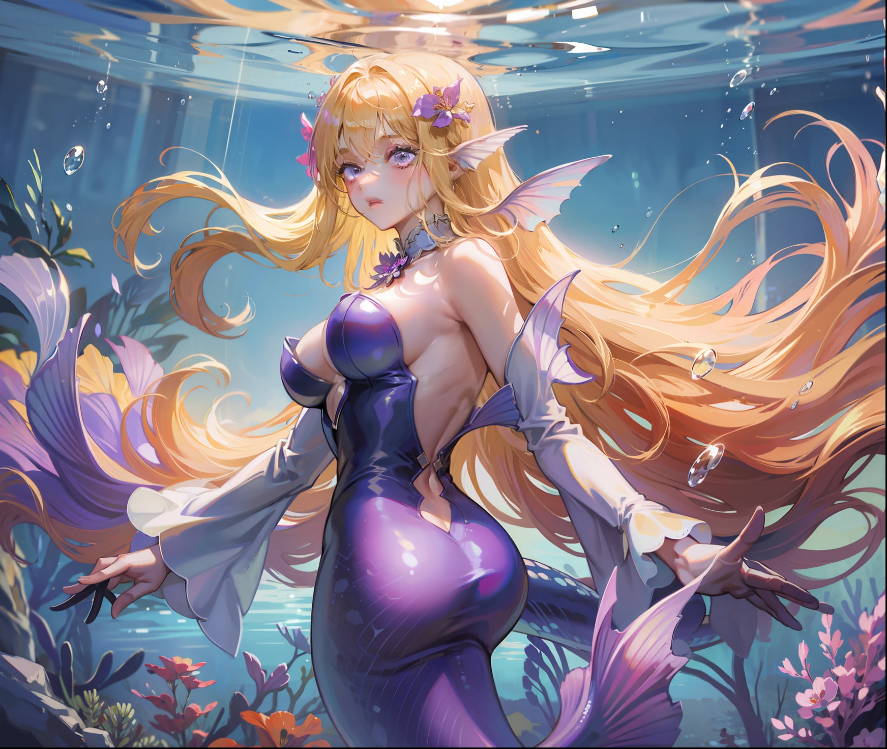 Ridiculous, high resolution, super detailed), 1 girl, solo, mature, (long blonde), fanatical, long sleeves, elegant, holy, colorful, highest detail, underwater, floating hair, flower, back, upper body purple human tail mermaid