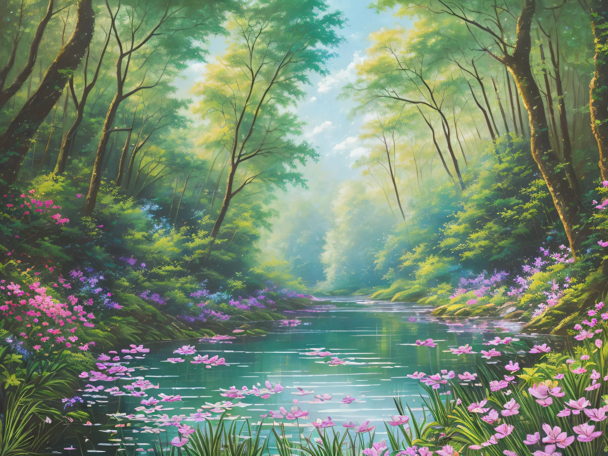 high resolution illustration, deep in the forest, silent forest, middle, quiet stream, lush greenery, nostalgic atmosphere, waterfowl, petals, colorful flowers, lawn, blue sky, soft clouds, pleasant breeze, birdsong, voice of nature, serene landscape --auto --s2