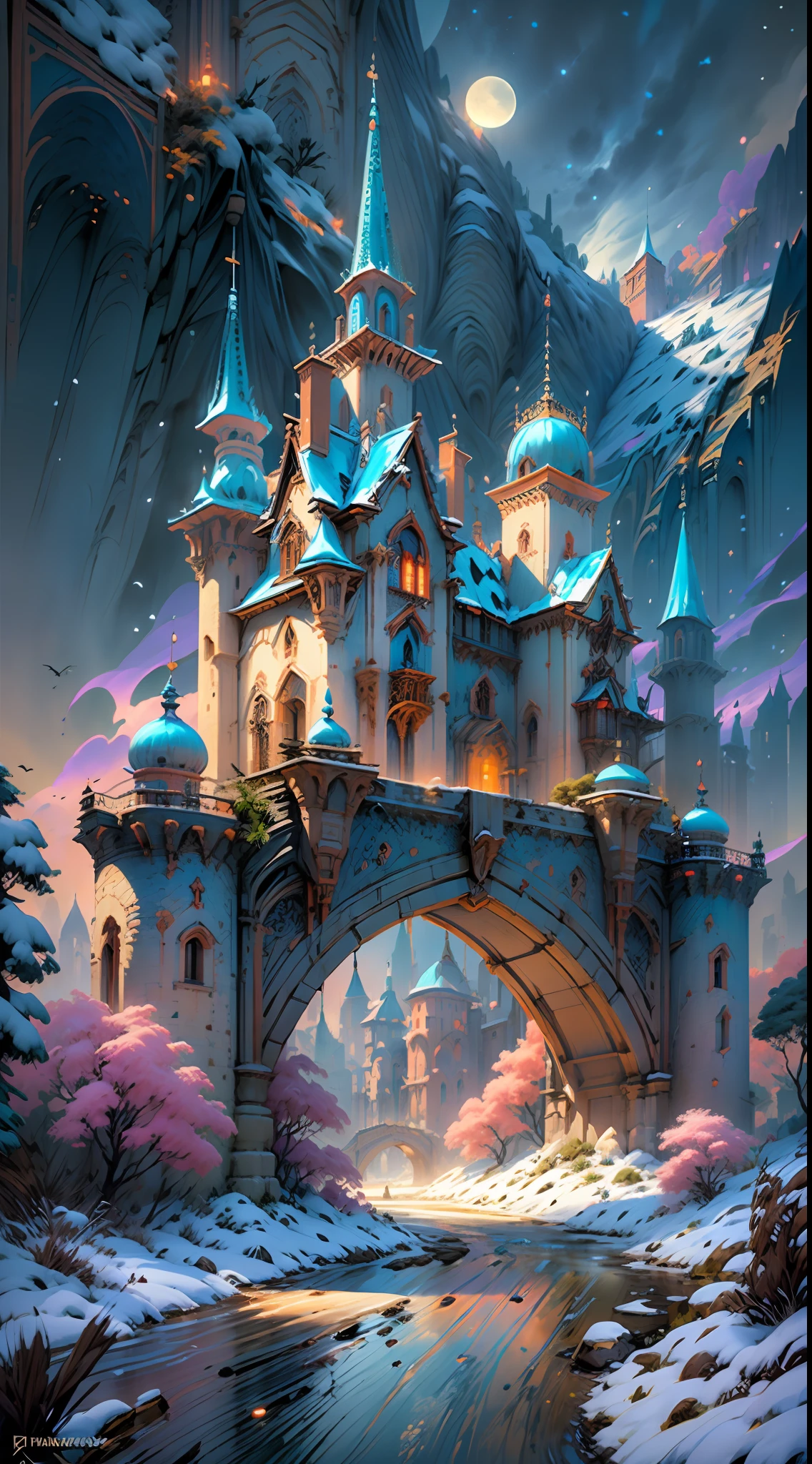 (magical place: 1.2, vibrant colors: 1.1, bridge, city on the horizon, 8k) medieval castle, in winter sky with ralampagos