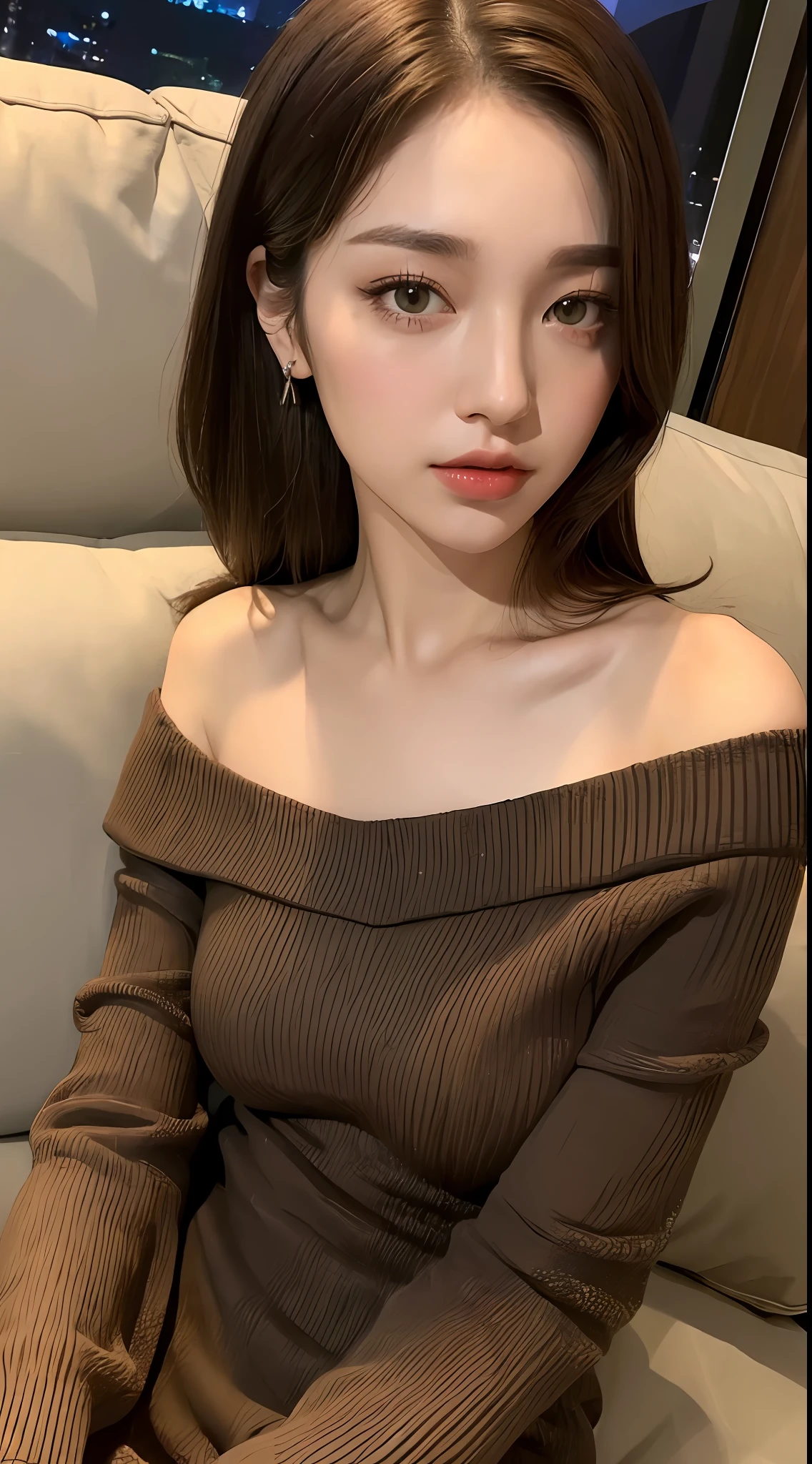 ((Night view, realistic light, best quality, 8k, masterpiece: 1.3)), 1girl, pretty woman with slim figure: 1.4, (brown hair, medium breasts: 1.3), off-the-shoulder cut top: 1.3, sofa, super detailed face, detailed eyes, double eyelids