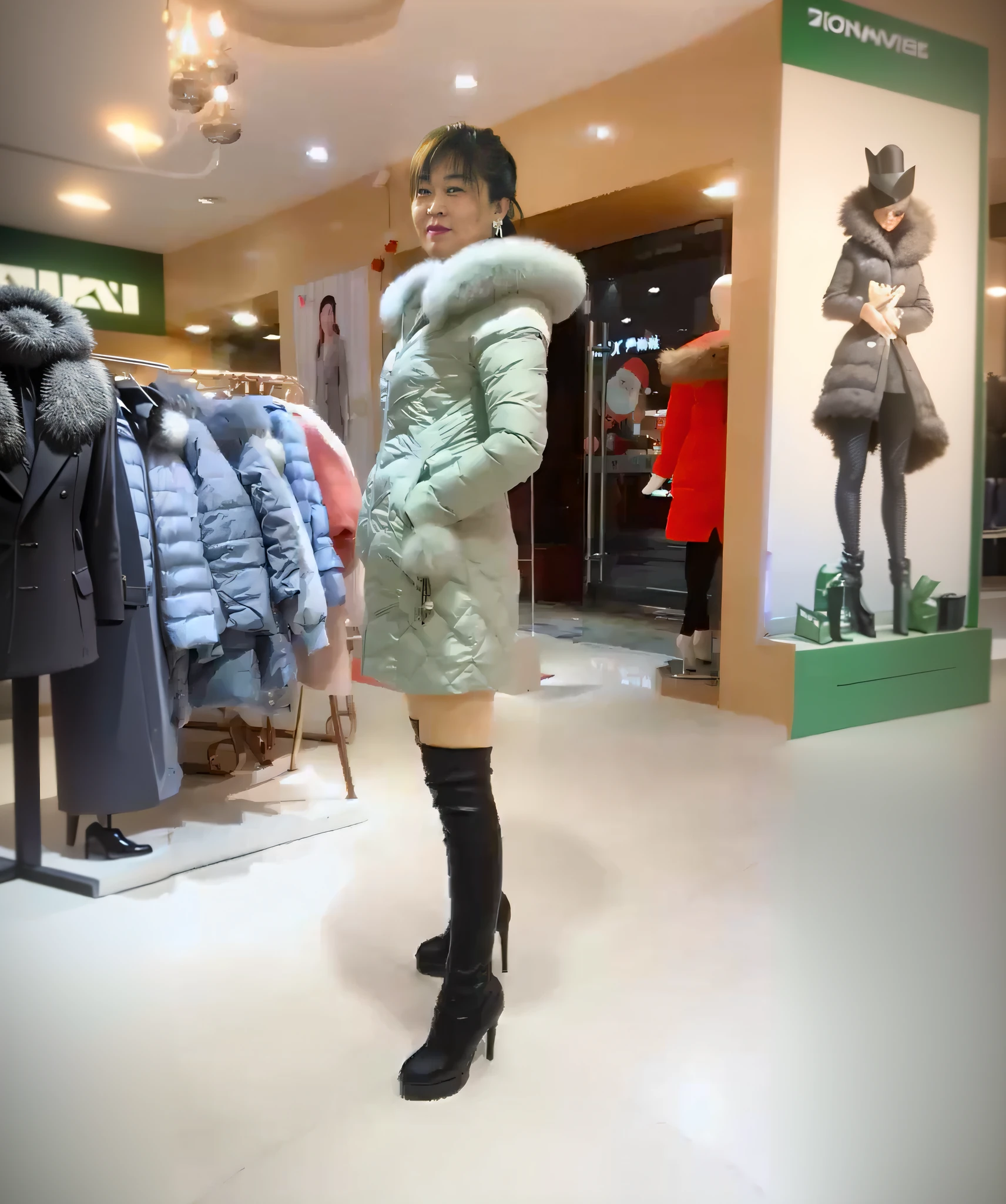 araffe wearing a green coat and black boots in a store, on a mannequin. high quality, blue skintight closed longcoat, appearing in a shopping mall, sky-blue thick fur coat, in a mall, fashion, mannequin, at a mall, on a mannequin. high resolution, fashion model, put on a mannequin, coat