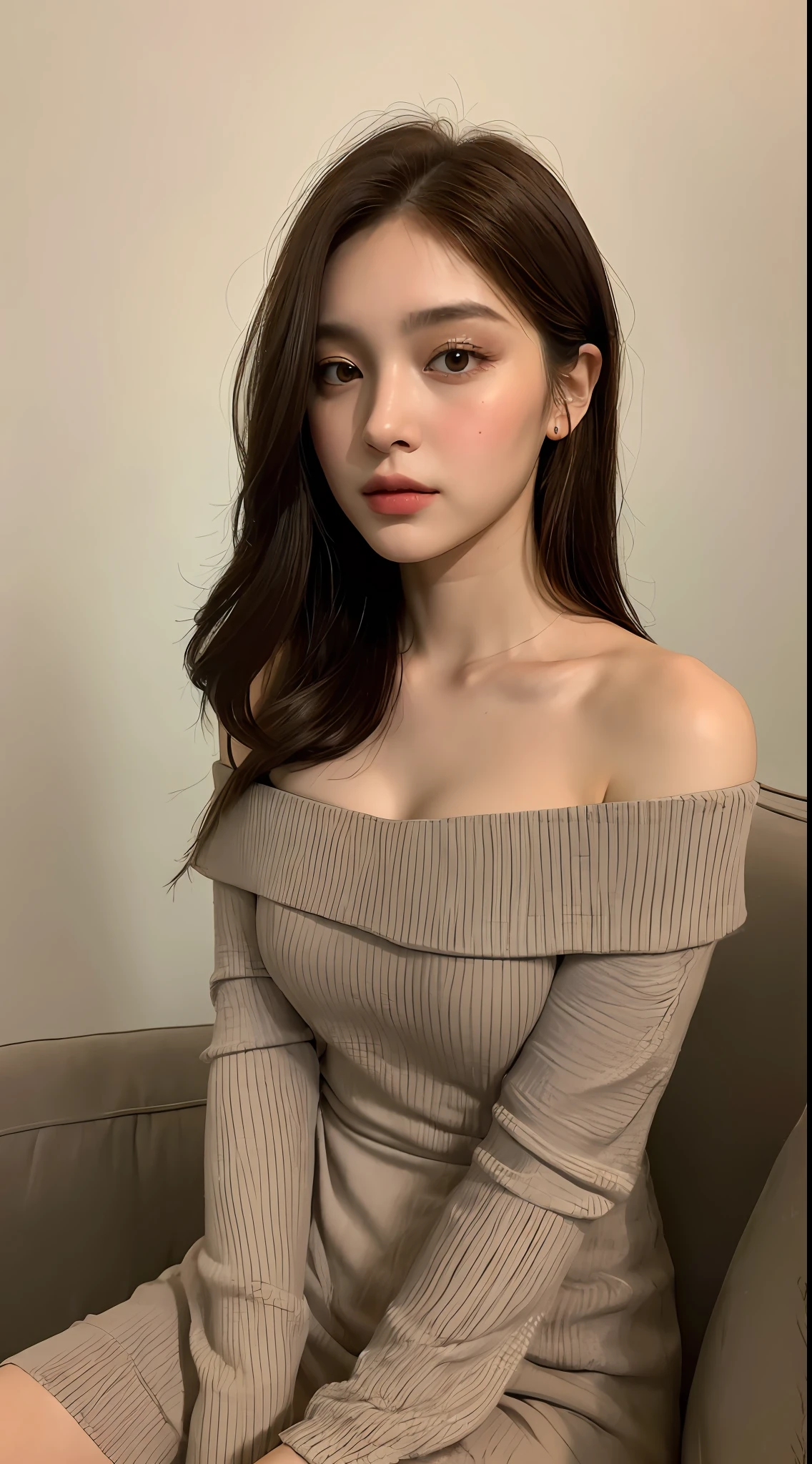 ((Night view, realistic light, best quality, 8k, masterpiece: 1.3)), 1girl, pretty woman with slim figure: 1.4, (brown hair, medium breasts: 1.3), off-the-shoulder cut top: 1.3, sofa, super detailed face, detailed eyes, double eyelids