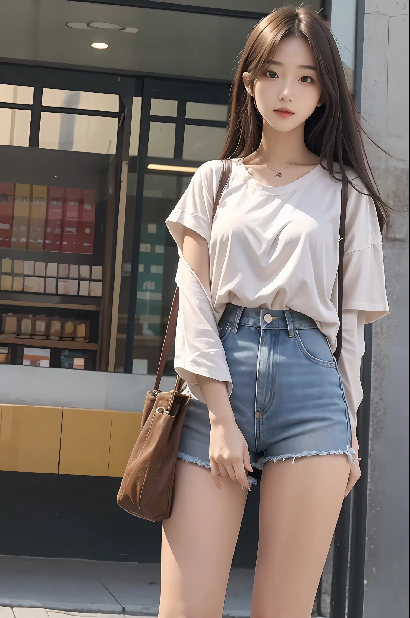 Realistic, high resolution, one girl, long hair, Korean, loose white shirt, skinny denim shorts, thighs, visible panties, bag.