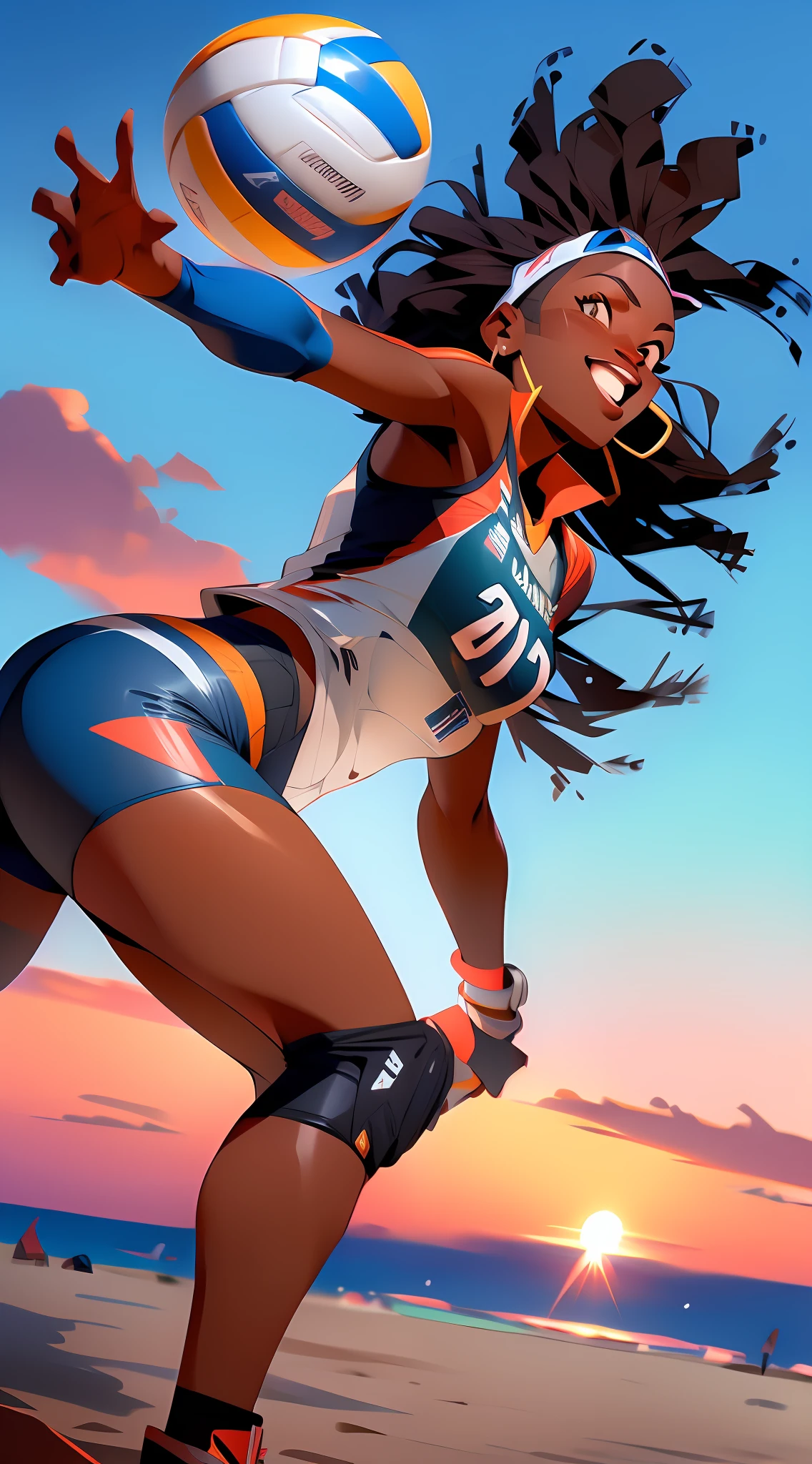 happy american African woman playing volleyball at beach, action pose, low angle shot, sunset, sharp focus, highly detailed, Tomer Tanuka style, detailed legs