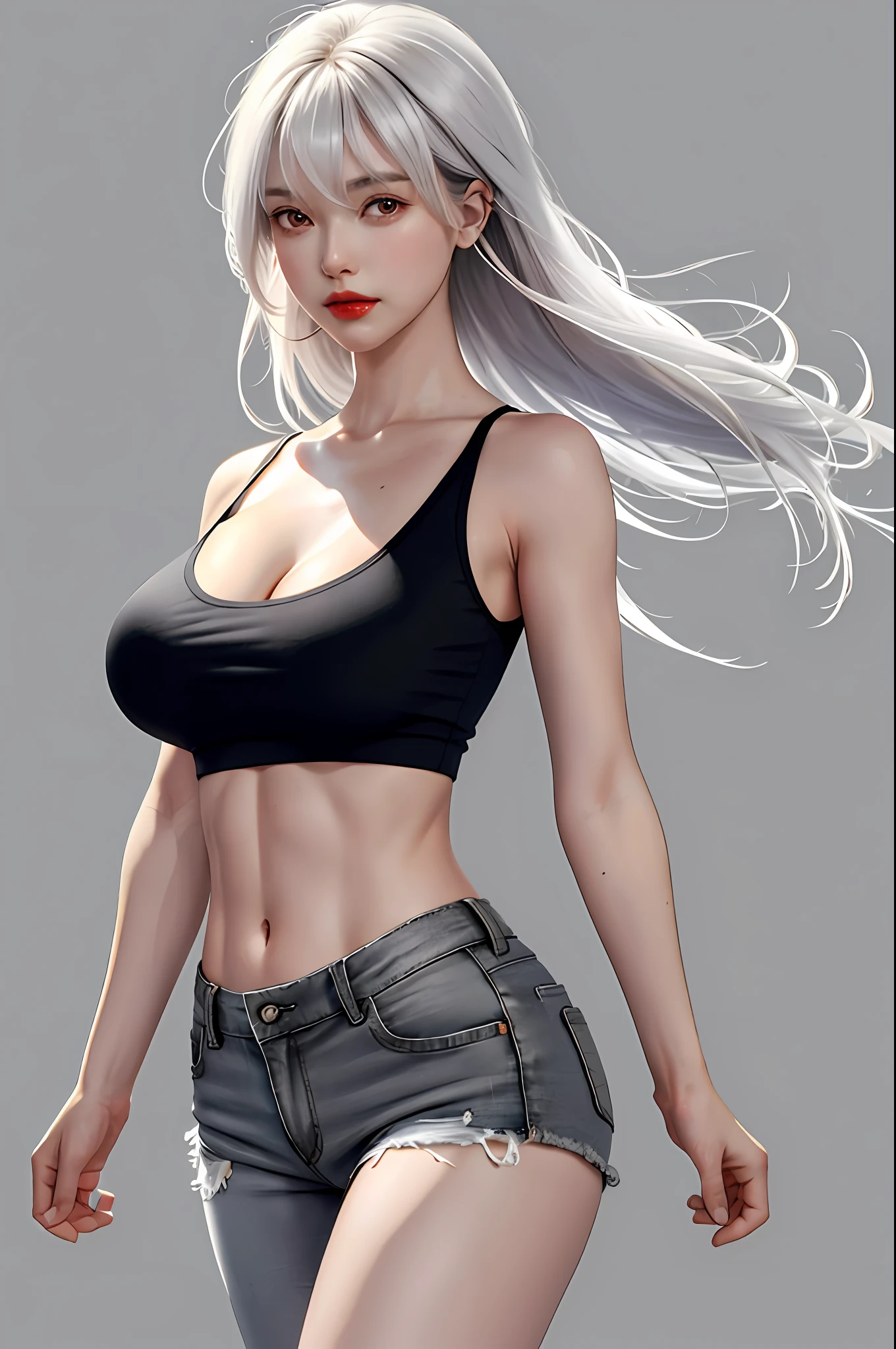 girl, bangs, bare shoulders, black pants, extra huge breasts, breasts squeezed together, gray background, hair between eyes, long hair, view viewer, super short pants, parted lips, red eyes, camisole vest, simple background, sleeveless, sleeveless shirt, solo, , v-arms, white hair, (shiny skin), (masterpiece: 1.4), (best quality: 1.4), ,,, Facigirl, red lips, perfect abs, navel, (:1.5), (transparent areola), , extra huge, sweat,