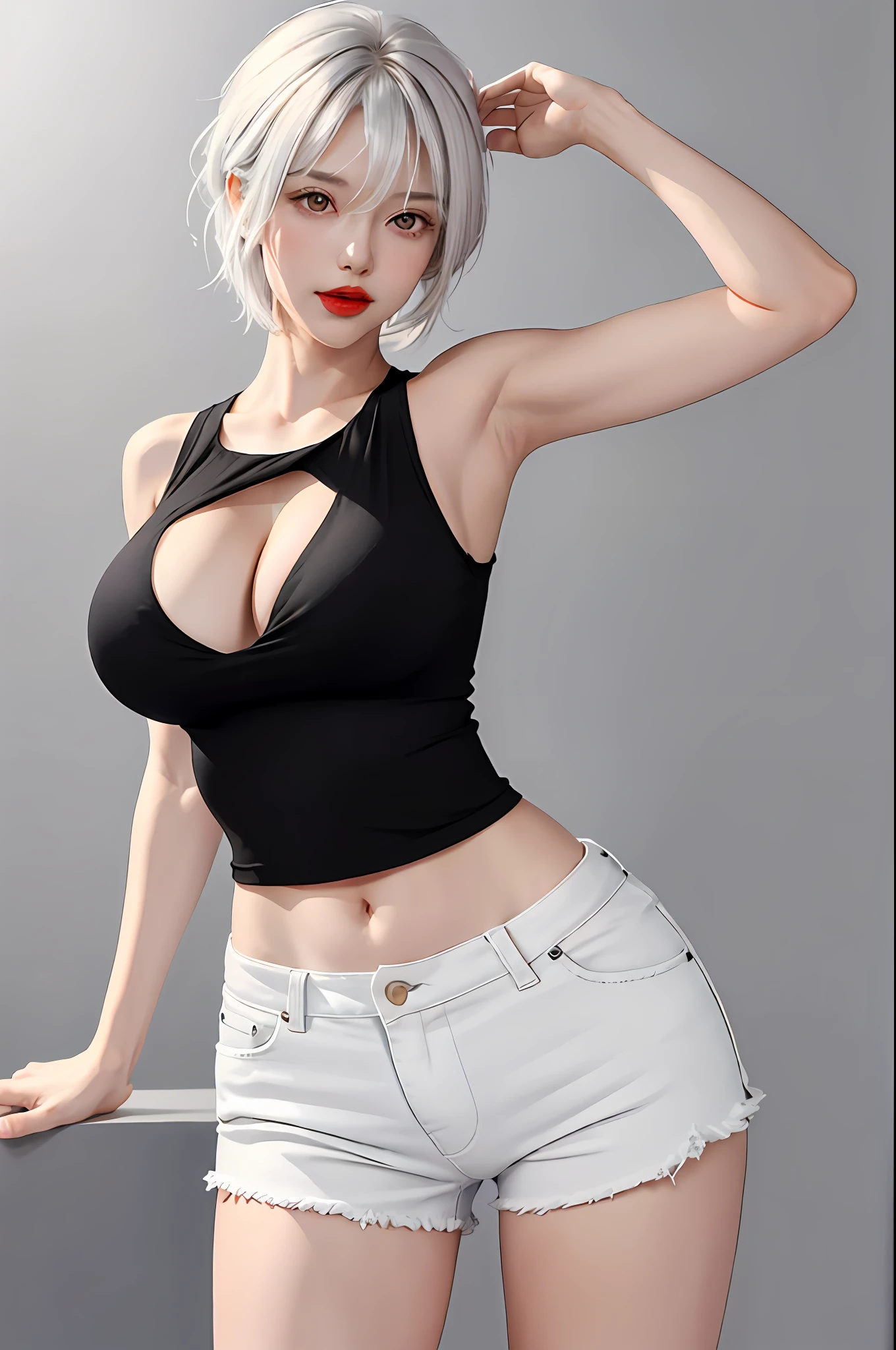 girl, bangs, bare shoulders, black pants, extra huge breasts, breasts squeezed together, gray background, hair between eyes, long hair, view viewer, super short pants, parted lips, red eyes, camisole vest, simple background, sleeveless, sleeveless shirt, solo, , v-arms, white hair, (shiny skin), (masterpiece: 1.4), (best quality: 1.4), ,,, Facigirl, red lips, perfect abs, navel, (:1.5), (transparent areola), , extra huge, sweat,