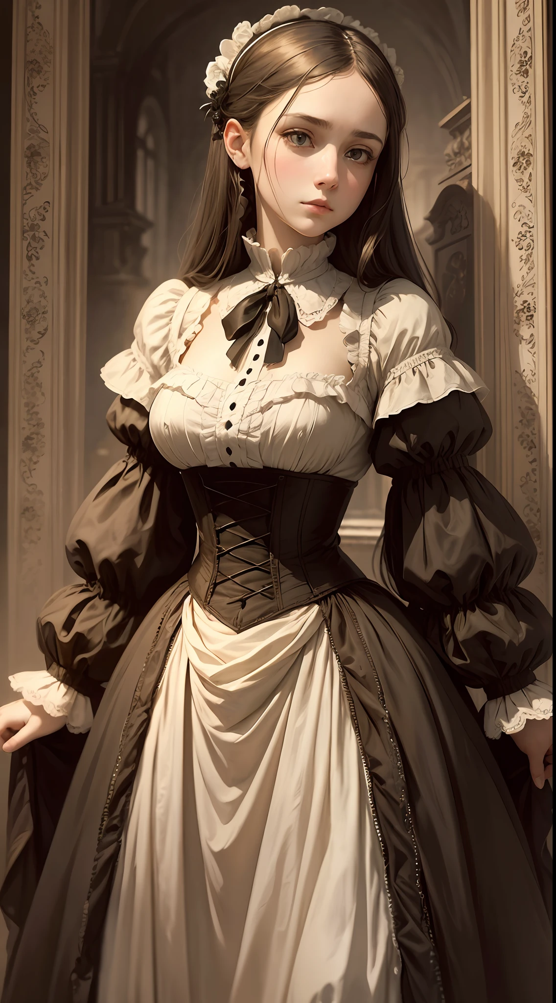 (Pure Color: 0.9), (Color: 1.1), (Masterpiece: 1,2), Best Quality, Masterpiece, High Resolution, Original, Highly Detailed Wallpaper, Beauty, Victorian, Dress, Sad, Small Face, Big Breasts, Sepia Color, 30 years old --auto --s2