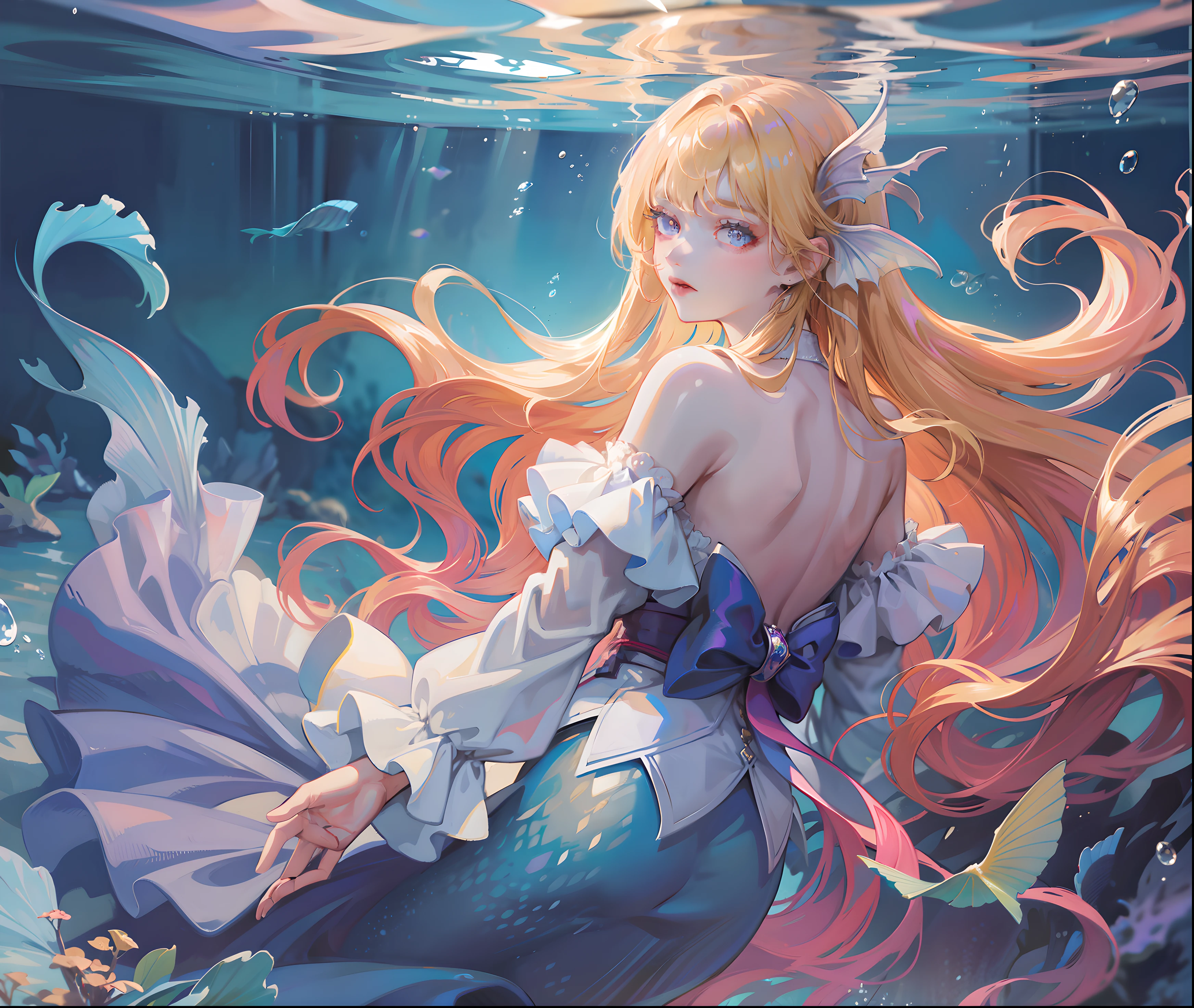 Ridiculous, high resolution, super detailed), 1 girl, solo, mature, (long blonde), fanatical, long sleeves, elegant, holy, colorful, highest detail, underwater, floating hair, flower, back, upper body purple human tail mermaid