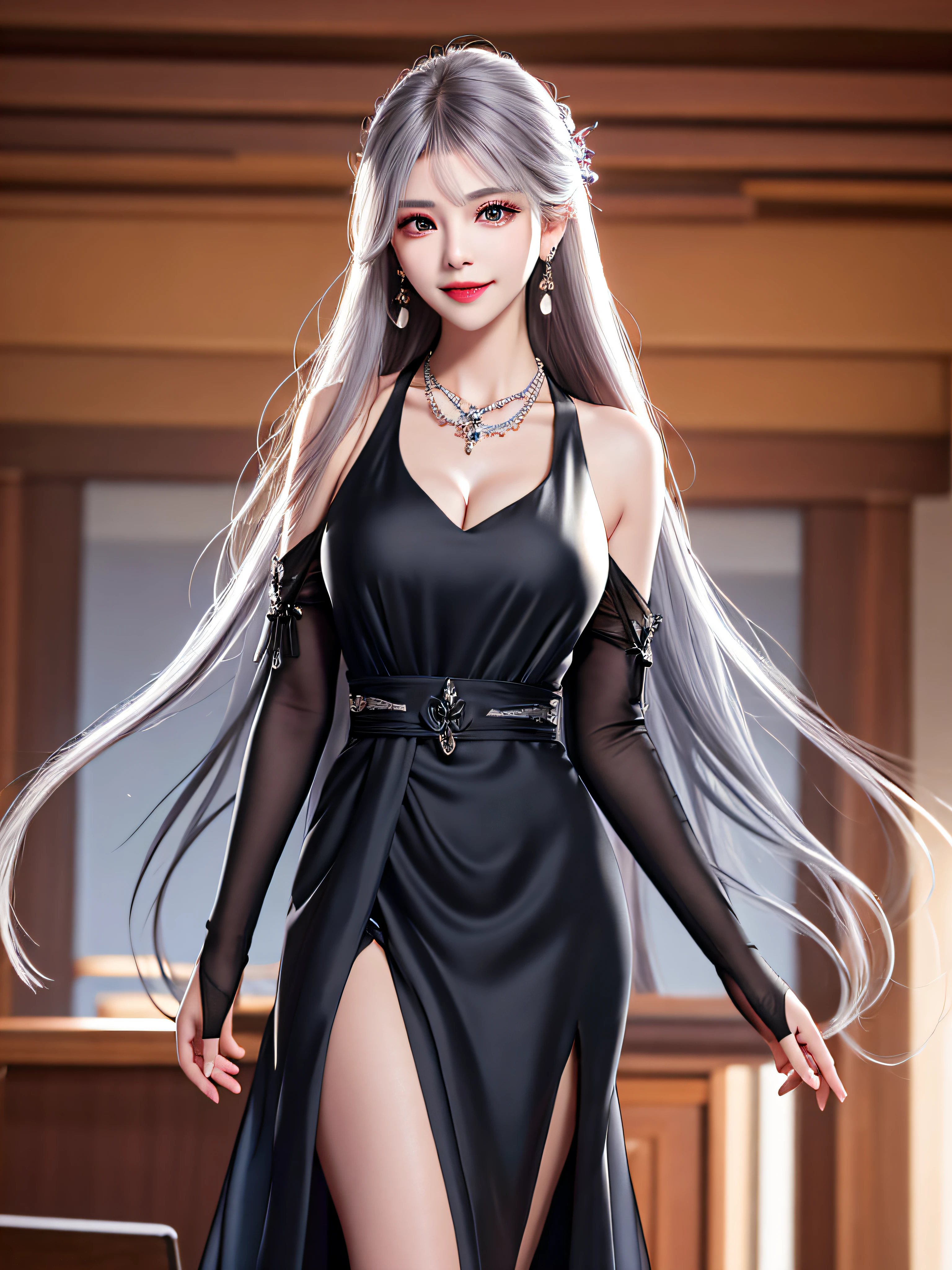 Female Teacher Standing in Classroom v6, Necklace, Earrings, Full Body V6, Long Gray Hair, ((translucent silk black dress, slit)), cleavage emphasis, no sleeves, short, looking, superb, ultra high definition, RAW photography, realism 1.25), (bright lip gloss, long eyelashes, smooth) face, bright skin, natural shadows, wide light, wide light, depth of field, strong color, Subtle caustics: 0.8), smile, (big), v6