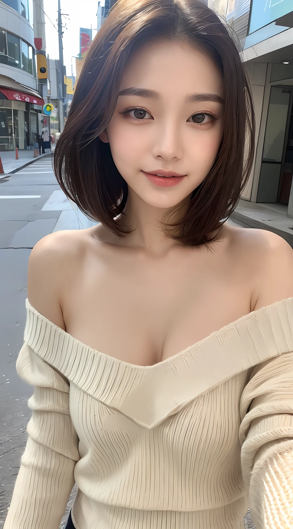 ((Top Quality, 8K, Masterpiece: 1.3)), Sharp Focus: 1.2, Cute: 1.4, Japan person, 18 years old, Slim, Layered Haircut, ((Small breasts: 1.3)), (White off-shoulder knit), cleavage cutout, Full body, Shy, (Portrait: 1.2), No bra, Side breasts visible, Lower body exposed, Street, Highly detailed face and skin texture, detailed eyes, double eyelids, pureerosfaceace_v1, smile, transparent underwear, ultra-fine makeup, ultra-fine clothing material