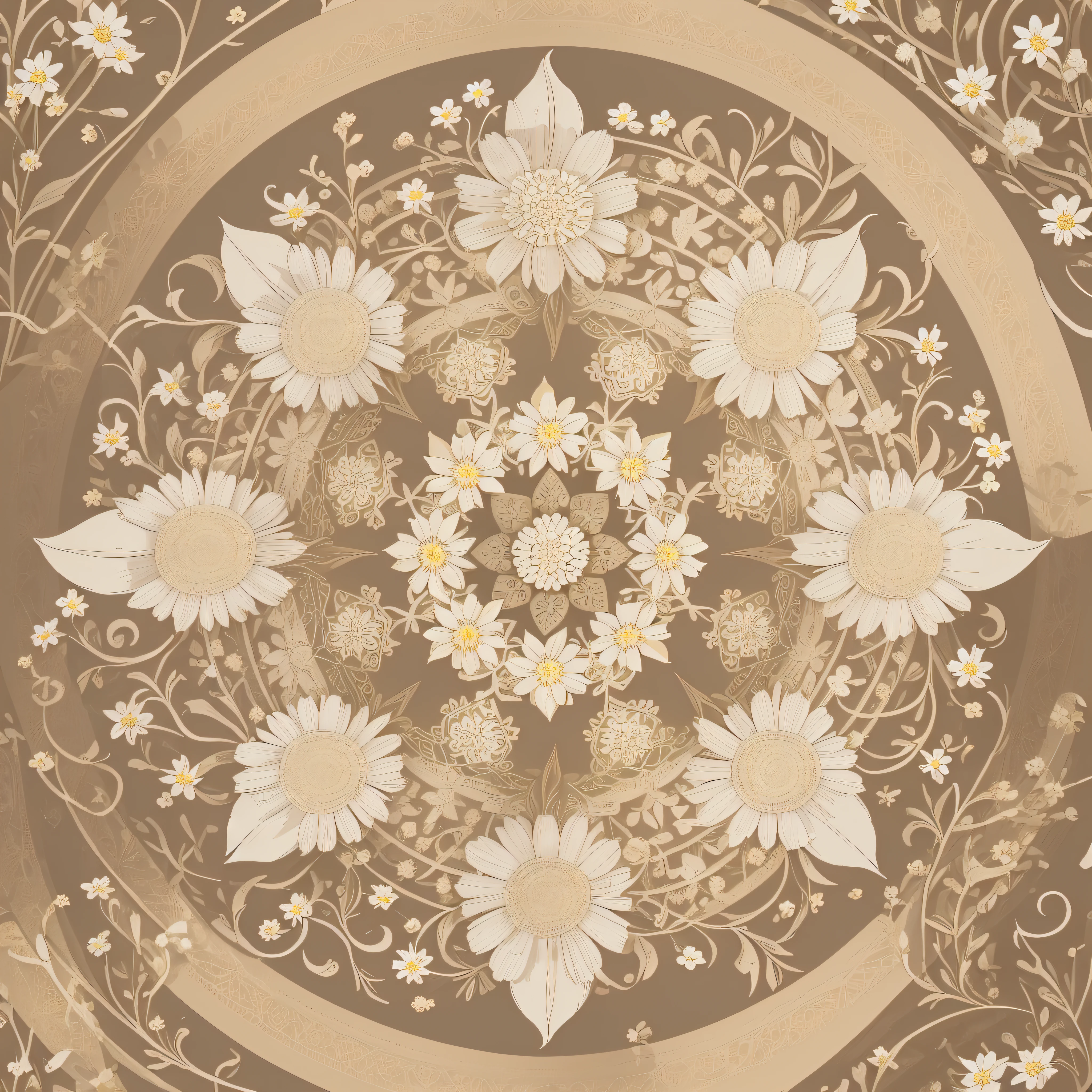 Illustration of mandala with flowers White lily, white daisy, center elements metal staff, 8k, brightness, nature, full picture without cuts