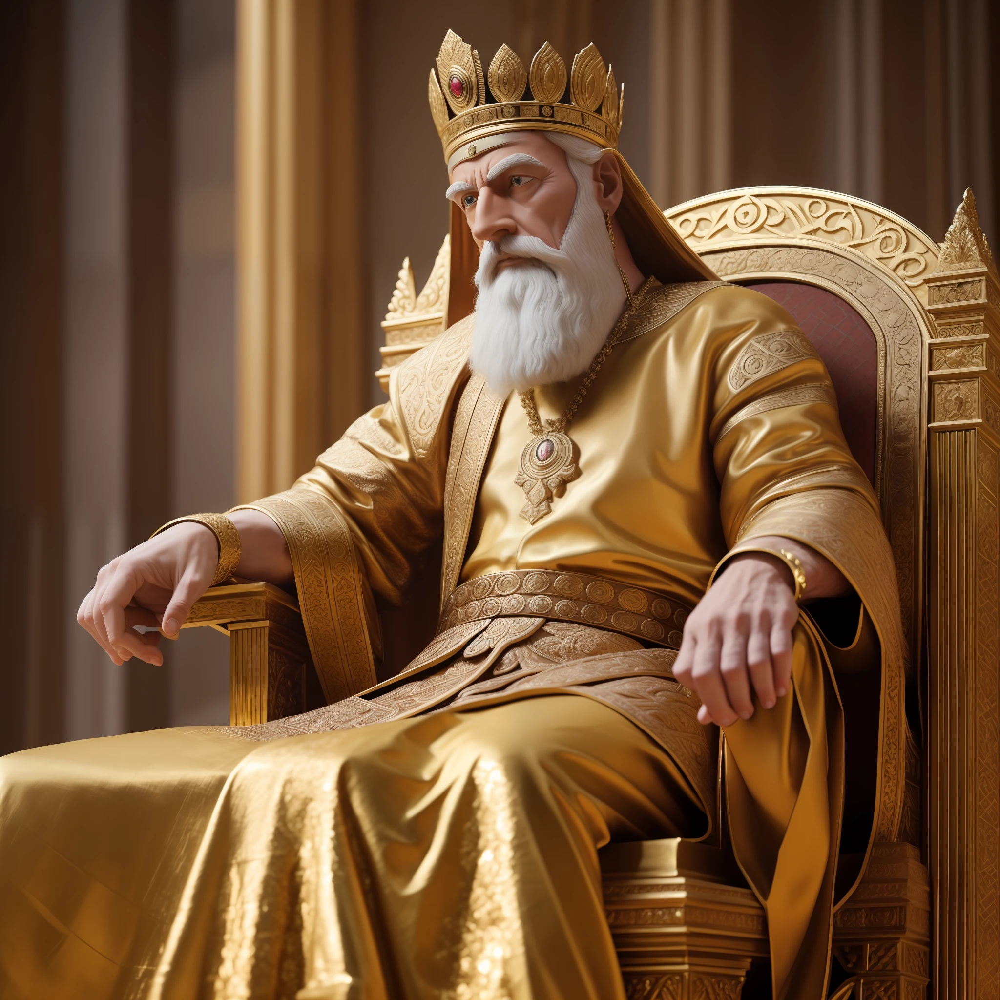 to ultra realistic,16k, King Solomon sitting from his throne, body of a strong warrior, appearance of a warrior and an older person of age, his appearance is was redheaded, of beautiful eyes and of gentle appearance, glorious, in a position of government, freight, zoom close to King Solomon, with a wealth of detail, very flashy, revealing wisdom and a lot of power in the image, prosperity.