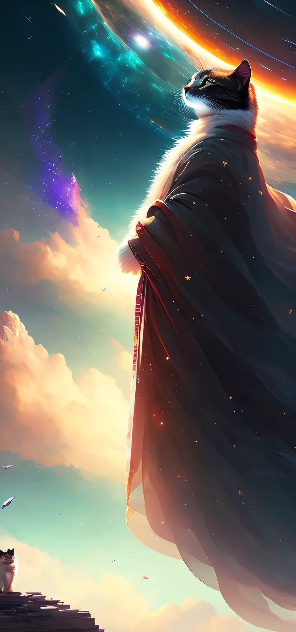 A cat soaring in outer space between the stars, buddhist robe, dreamy, concept art, misty, elegant, highly detailed, in style of greg rutkowski, dim colors, soothing tones