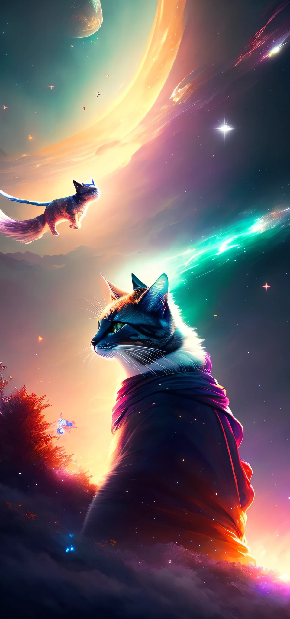 A cat soaring in outer space between the stars, buddhist robe, dreamy, concept art, misty, elegant, highly detailed, in style of greg rutkowski, dim colors, soothing tones