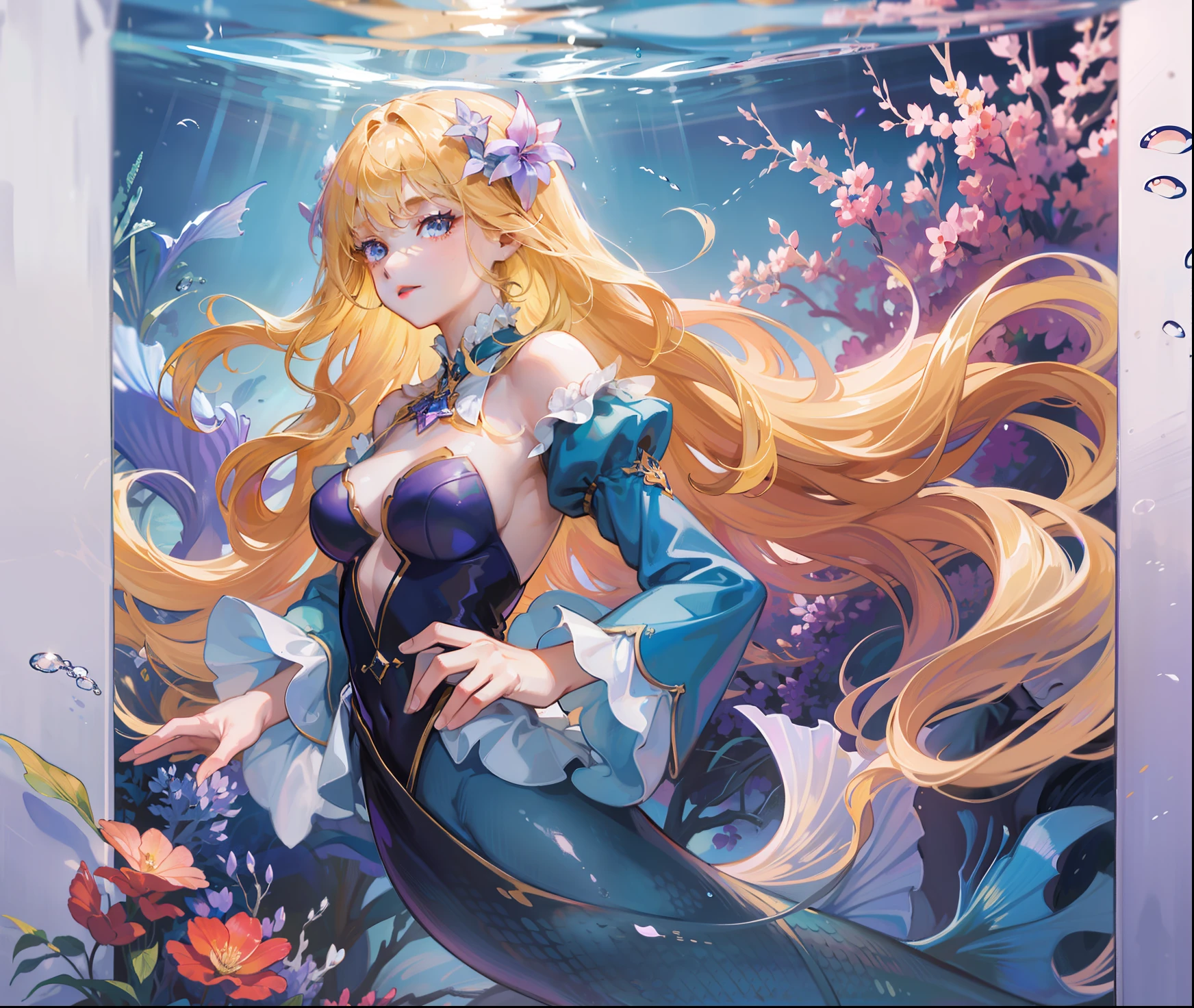 Ridiculous, high resolution, super detailed), 1 girl, solo, mature, (long blonde), fanatical, long sleeves, elegant, holy, colorful, highest detail, underwater, floating hair, flower, back, upper body purple human tail mermaid