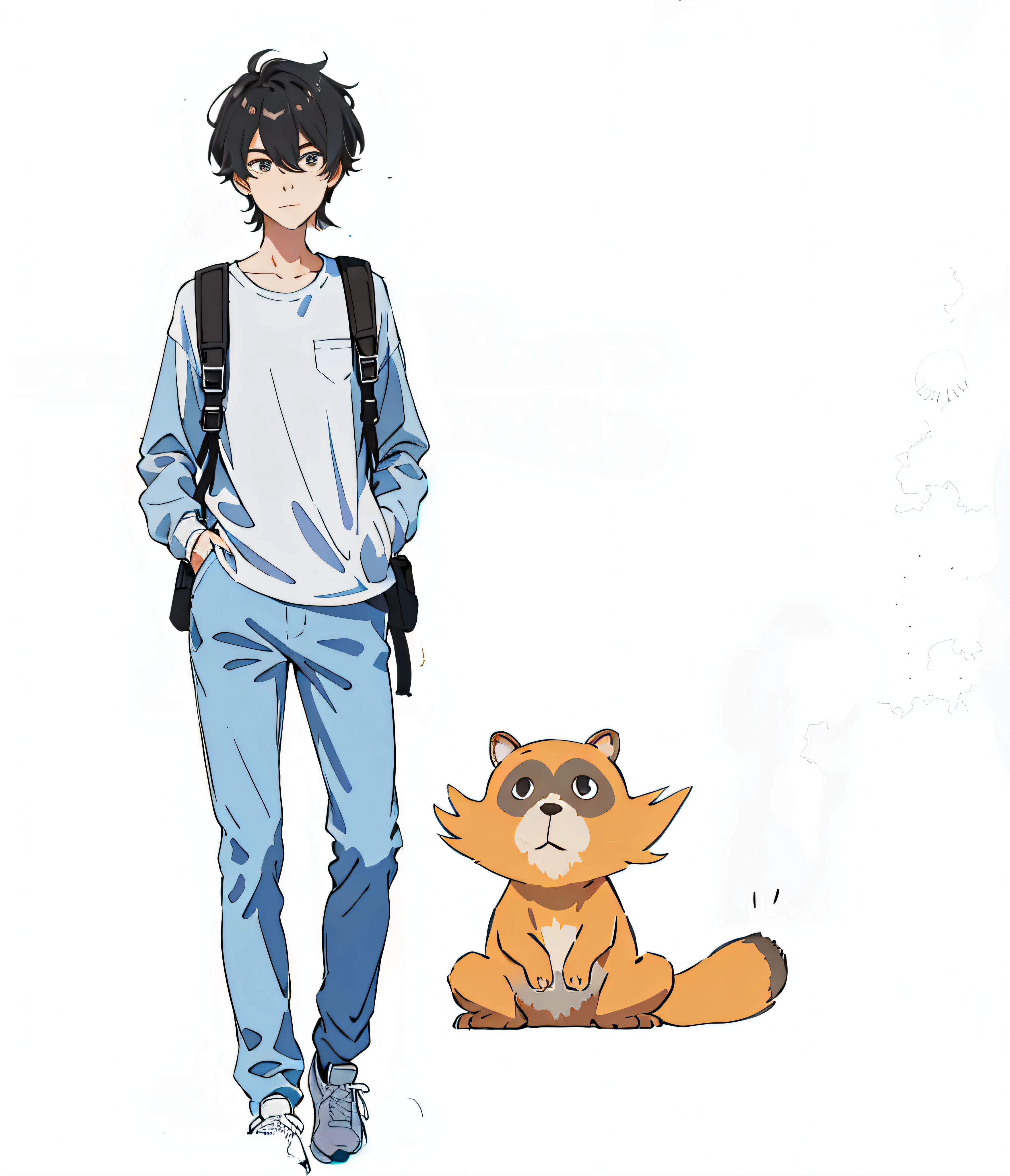 Best quality, masterpiece, light blue long-sleeved shirt, hand pockets, gray shorts, black mid-tube socks, white sneakers, shoulder backpack.